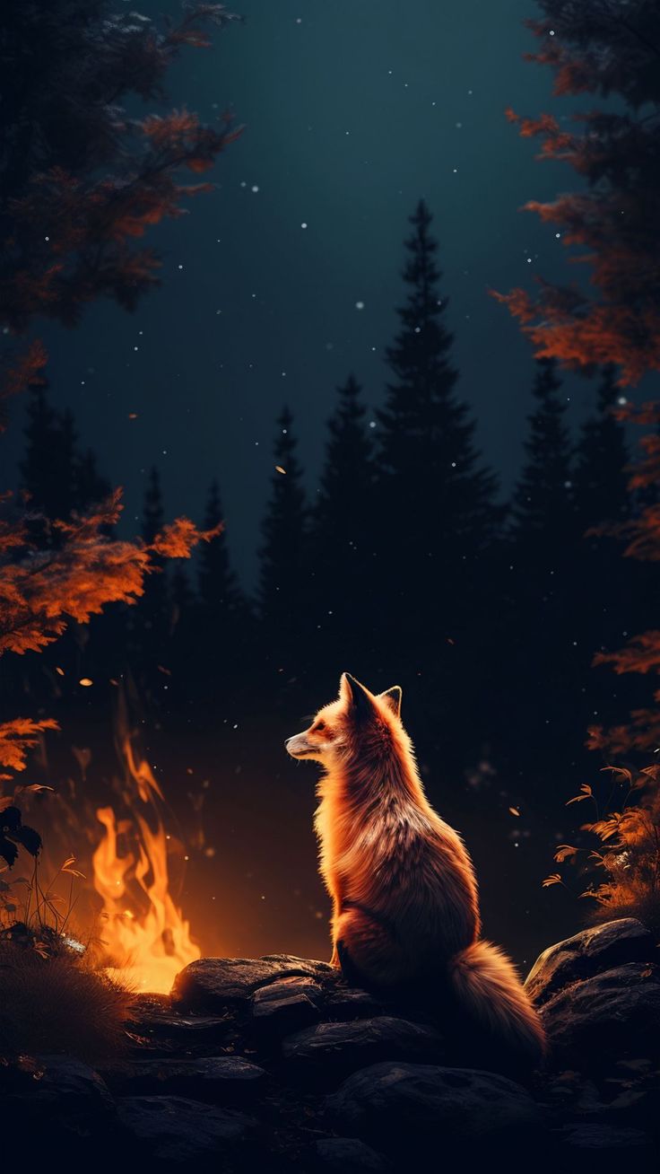 736x1308 Free background 4k, HD wallpaper fox, bonfire, forest, night, background HD for pc & mobile