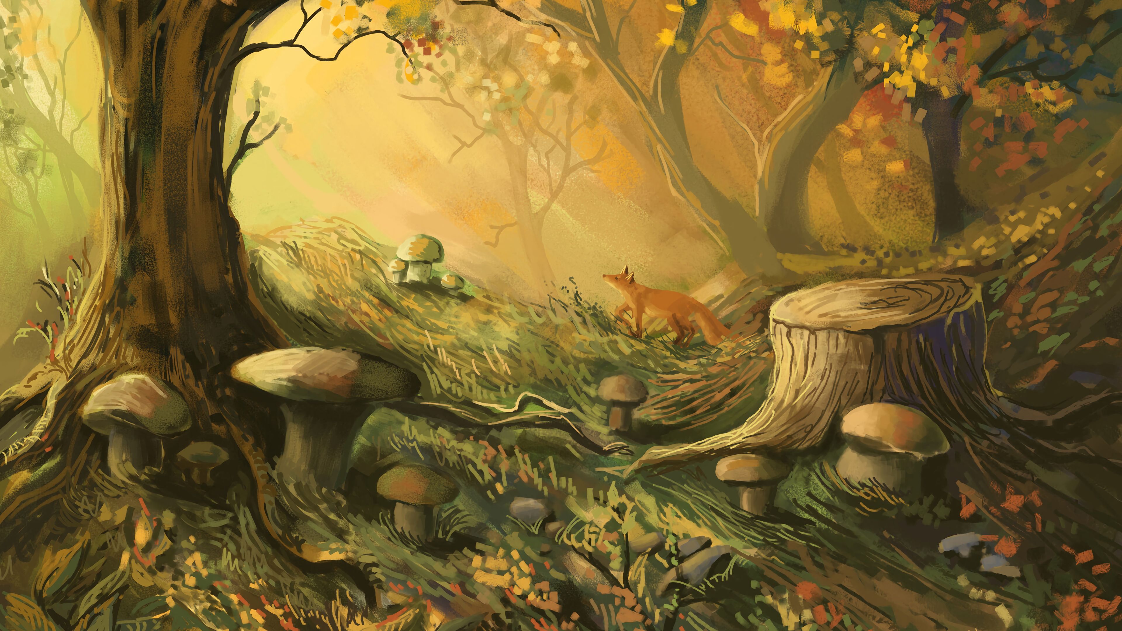 3840x2160 Download wallpaper 3840x2160 fox, forest, trees, mushrooms, art 4k uhd 16:9 HD background