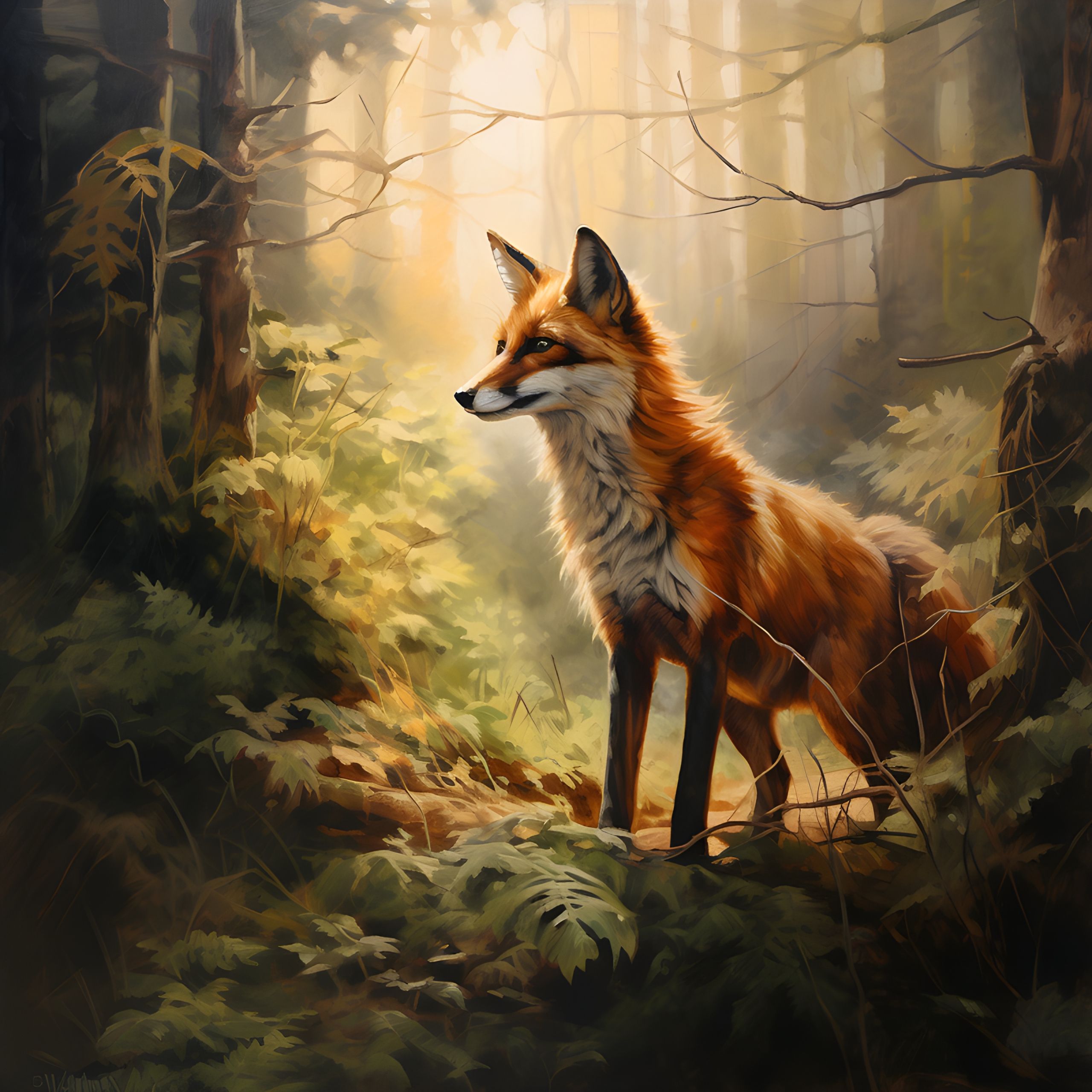 2560x2560 Painting of fox in forest Image stock image for commercial use