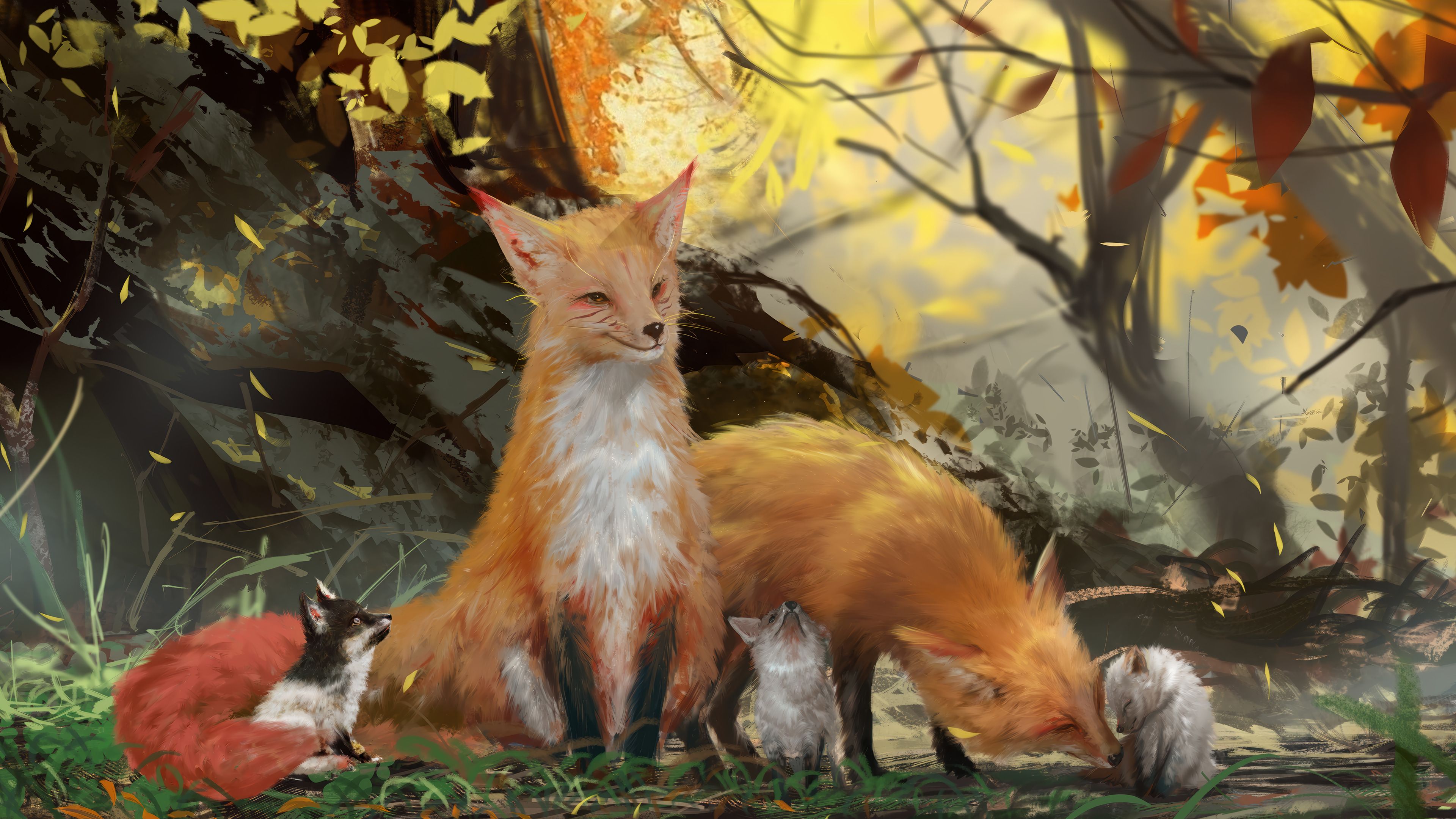 3840x2160 Fox Family Forest Animals Wallpaper 4K HD PC e
