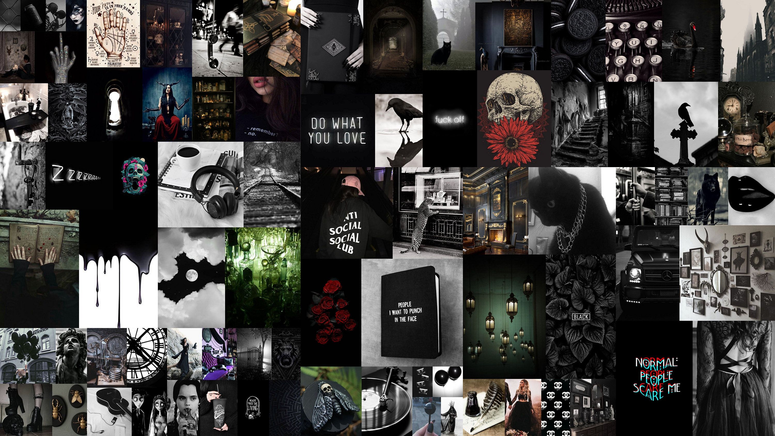 3000x1688 Gothic Collage Aesthetic Wall Collage Kit 80 Pieces Black Gothic Printable