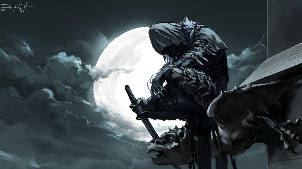 1280x720 Fantasy Ninja Warrior With Sword Moon Background 4K HD Warrior Wallpaper