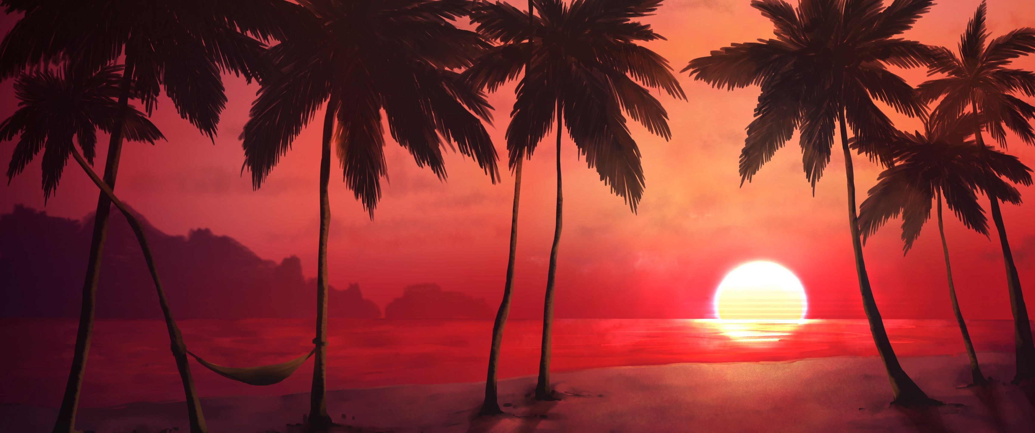 3440x1440 Sunset Wallpaper 4K, Tropical, Trees, Silhouette, Dawn