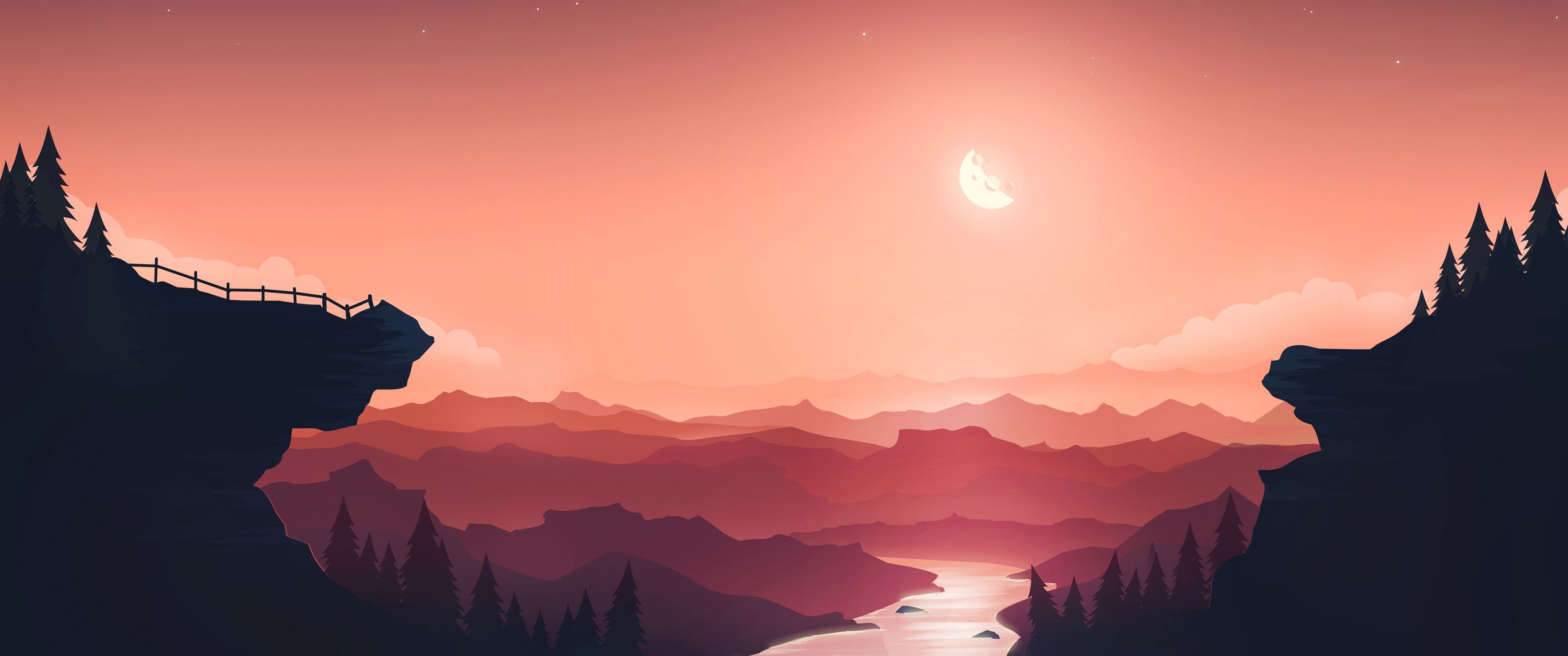 3440x1440 Sunset Wallpaper 4K, Moon, River, Mountains