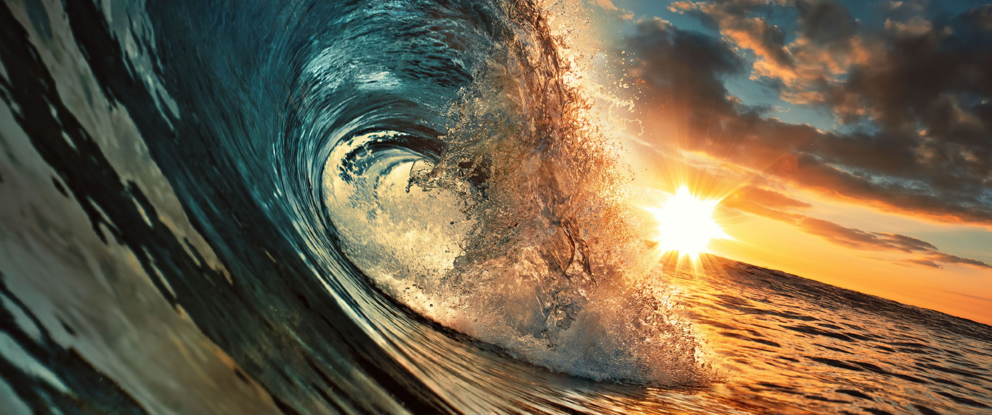 3440x1440 Ocean Waves Wallpaper 4K, Sunset, Hawaii, Tropical