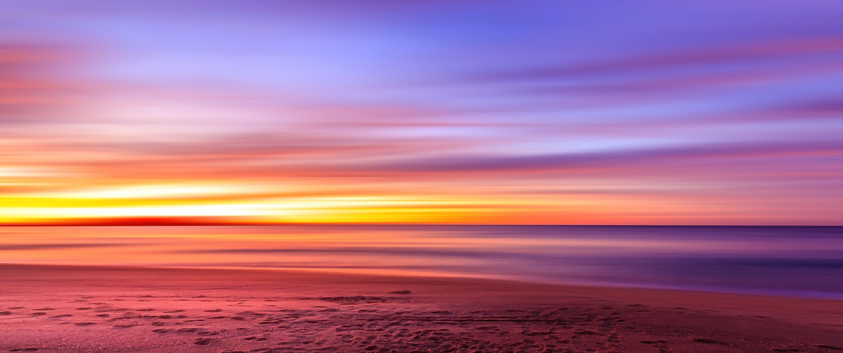 3440x1440 Seashore Wallpaper 4K, Sunset, Beach, Long exposure