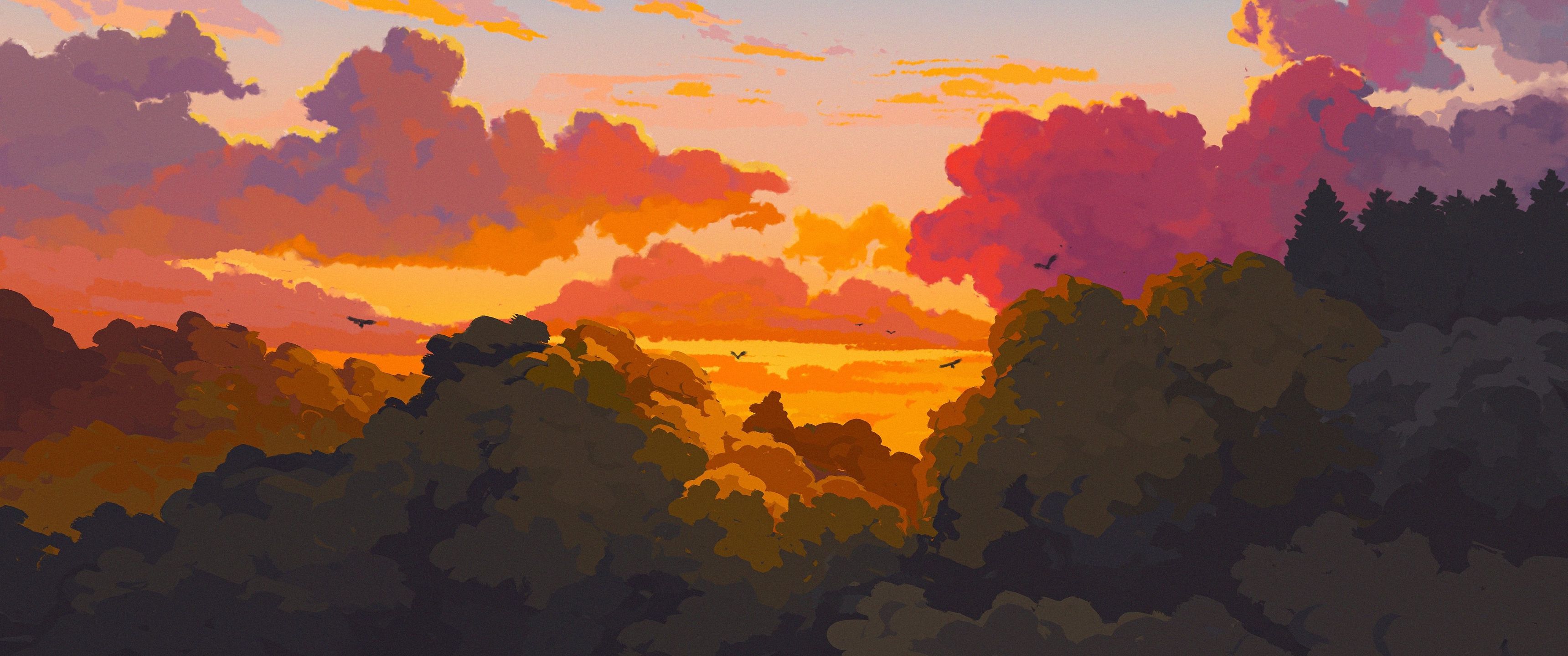 3440x1440 Download Sunset, Drawing, Digital art, Sky Wallpaper in 3440x1440 Resolution