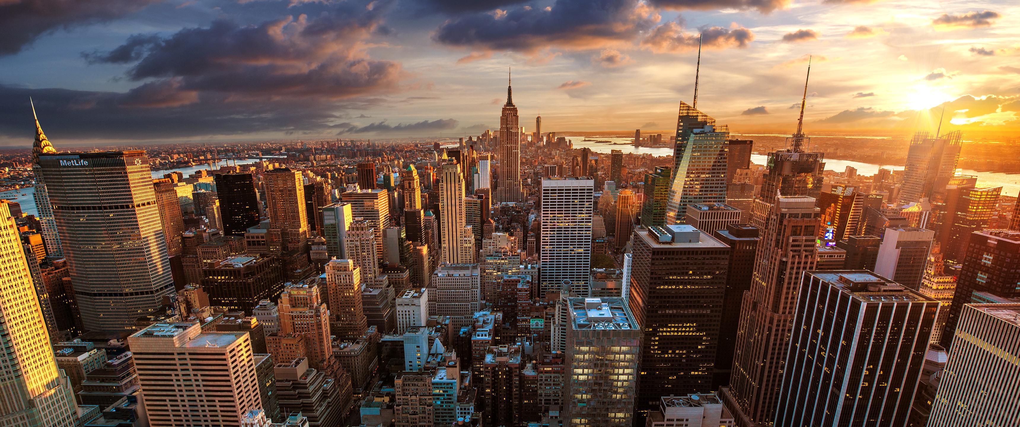 3440x1440 Wallpaper Aerial View of City Buildings During Sunset, Background Free Image