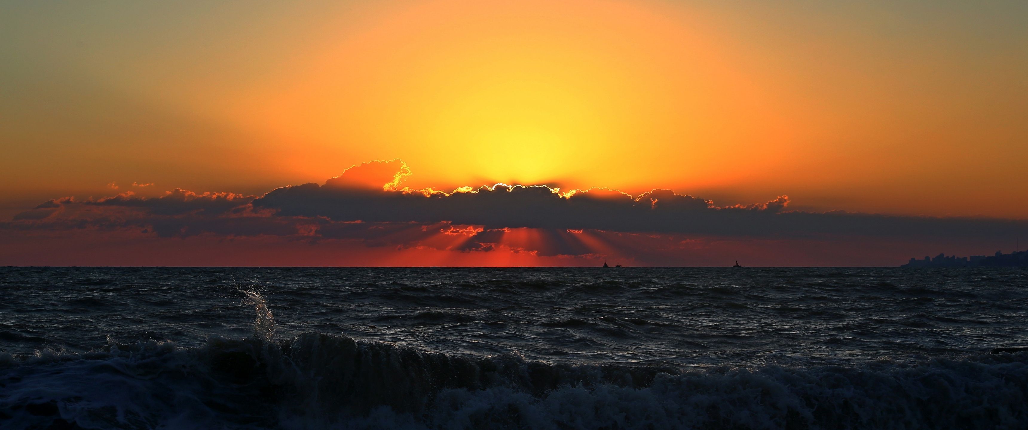 3440x1440 Download Sunset, Dust, Water, Evening, Sea Wallpaper in 3440x1440 Resolution