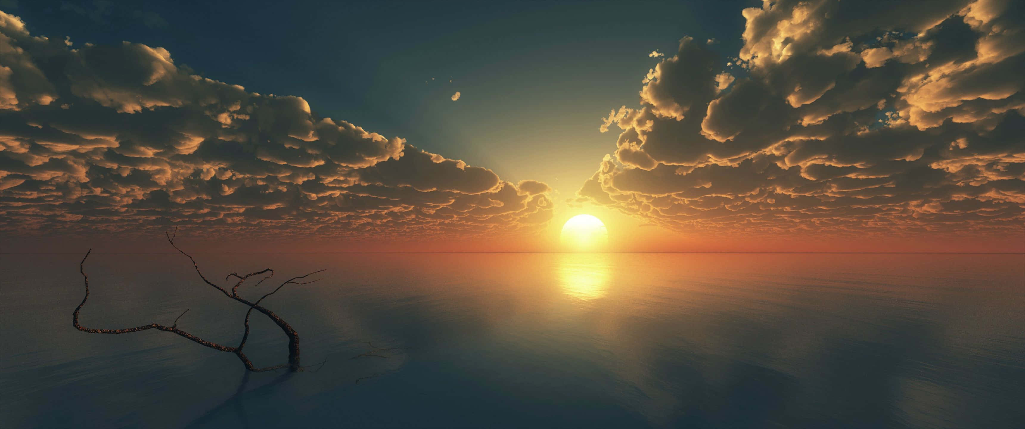 3440x1440 Download A Sunset With Clouds And A Tree In The Water Wallpaper