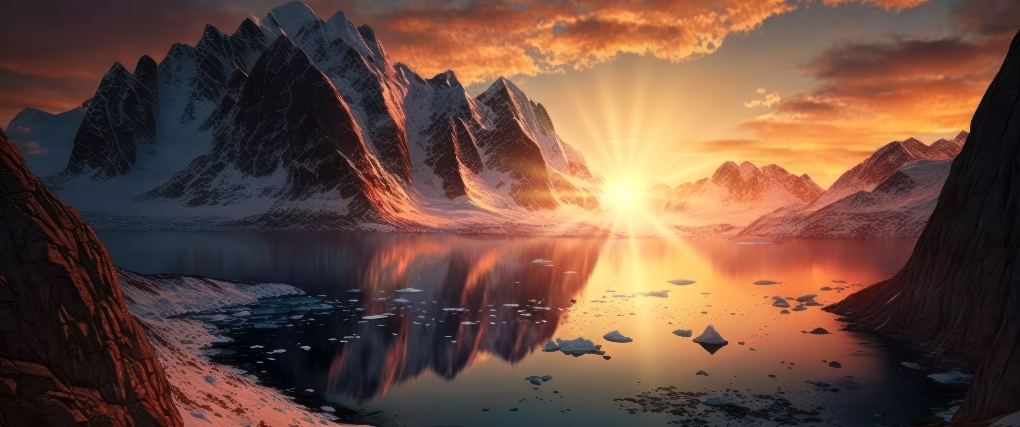 3440x1440 Sunset Wallpaper 4K, Arctic, Mountains, Lake, AI art