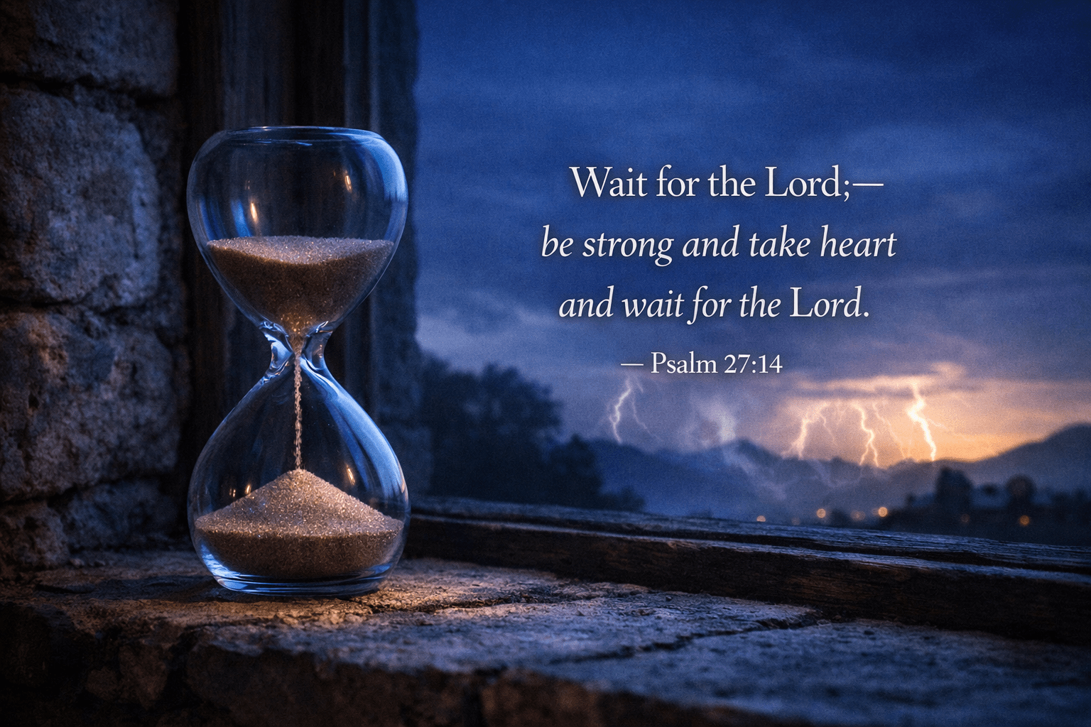 1536x1024 Psalm 27:14 - Wait for the Lord; be strong and take heart. Hourglass by Window in Storm