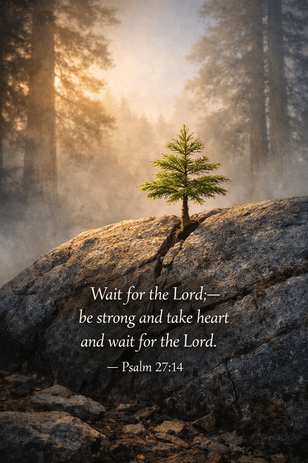 1024x1536 Psalm 27:14 - Wait for the Lord; be strong and take heart. Tree Growing From Rock Face