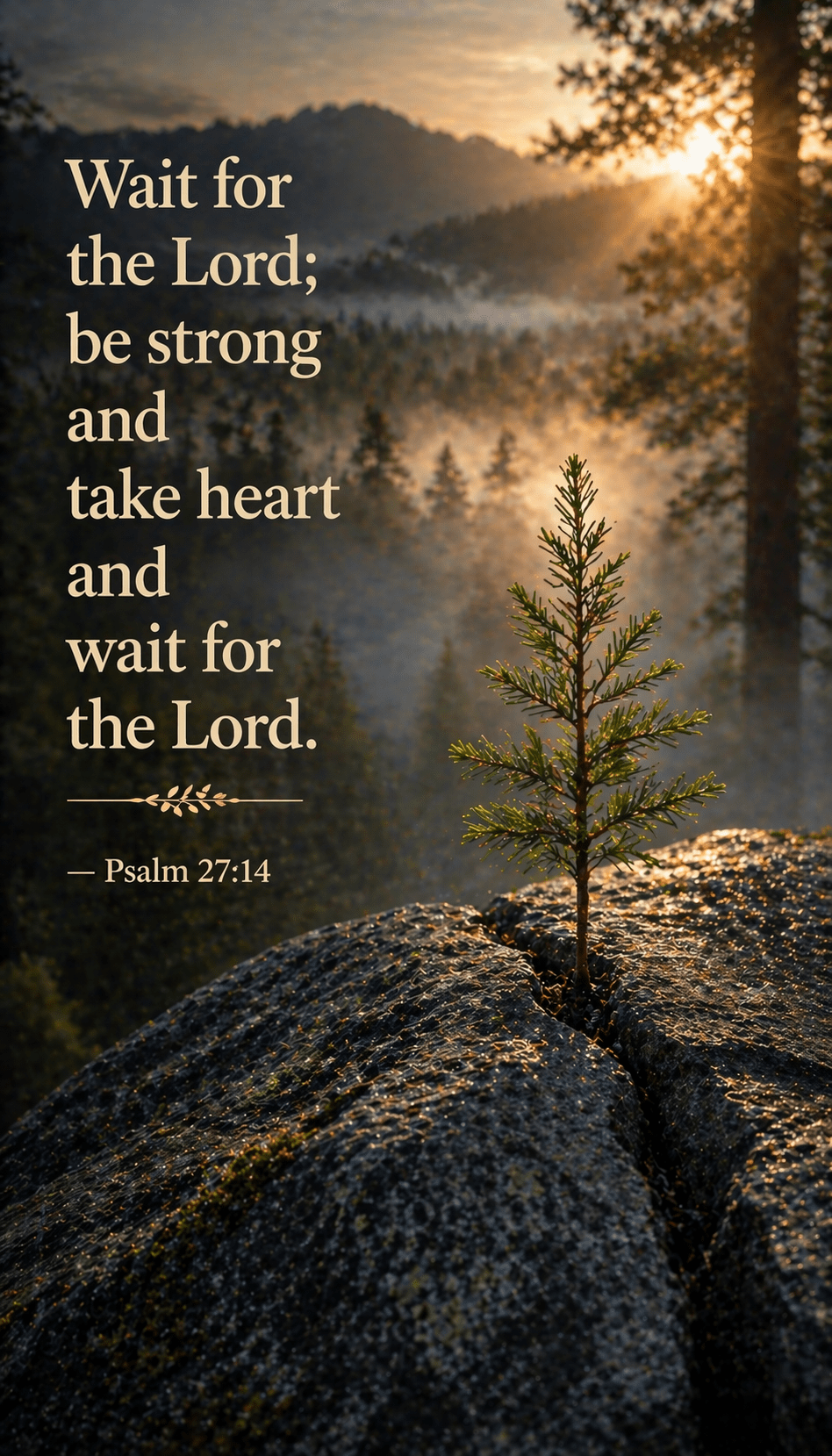 948x1659 Psalm 27:14 - Wait for the Lord; be strong and take heart. Sapling Growing on Rock