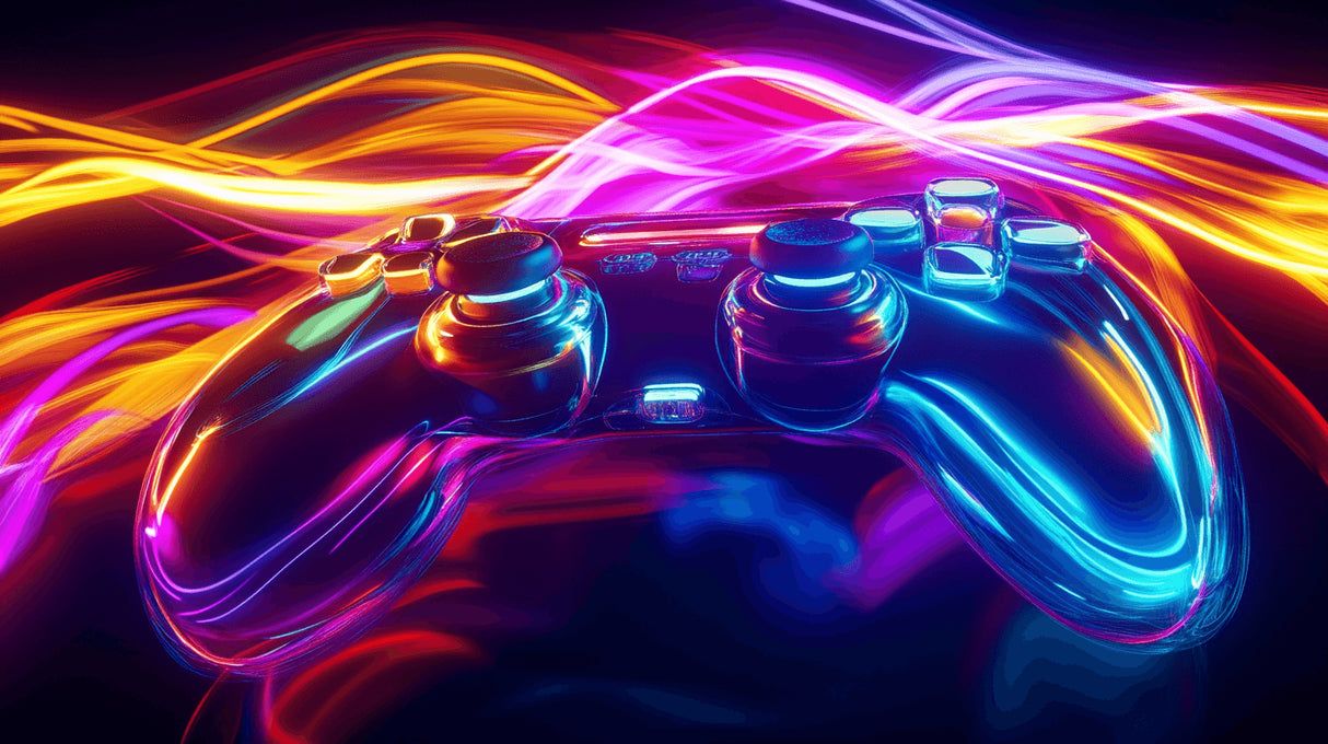 1214x680 Gaming Mural Wallpaper. Neon Controller Light Explosion