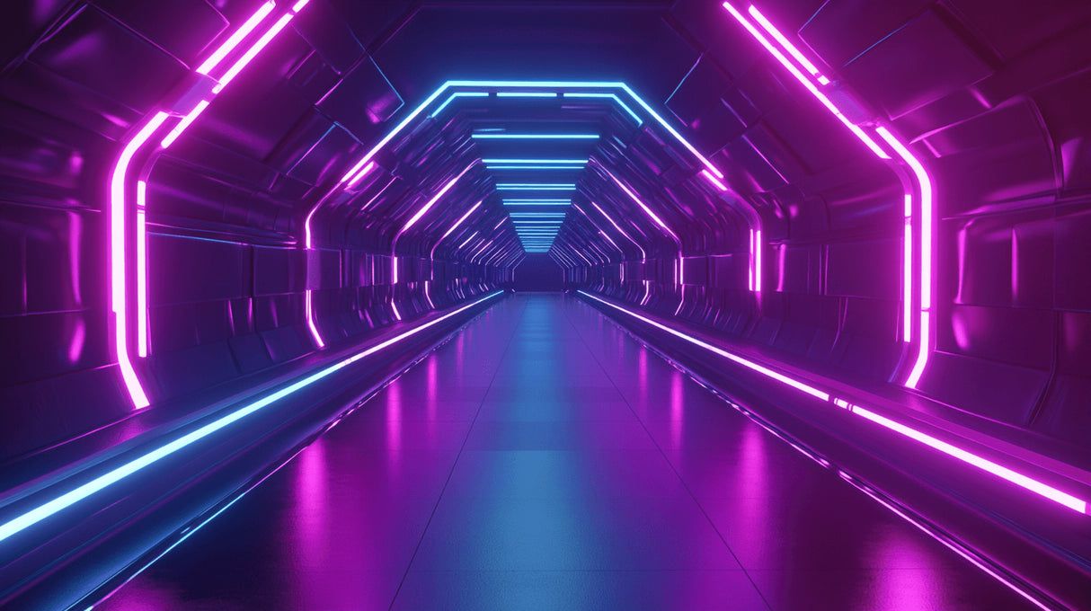 1214x680 Gaming Mural Wallpaper. Neon Tunnel with Purple and Blue Lights
