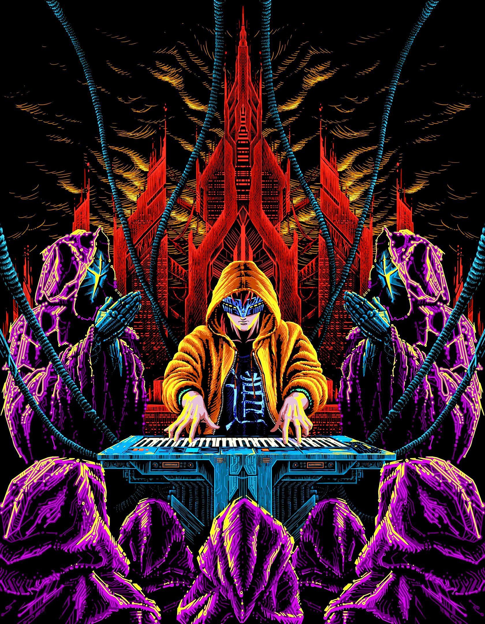 1680x2160 Cyberpunk Tapestry, Backdrop Neon Ultraviolet Art, Postapocalypse Darksynth Sythpop Retrowave Decor, Blacklight Active UV Disco Backdrop