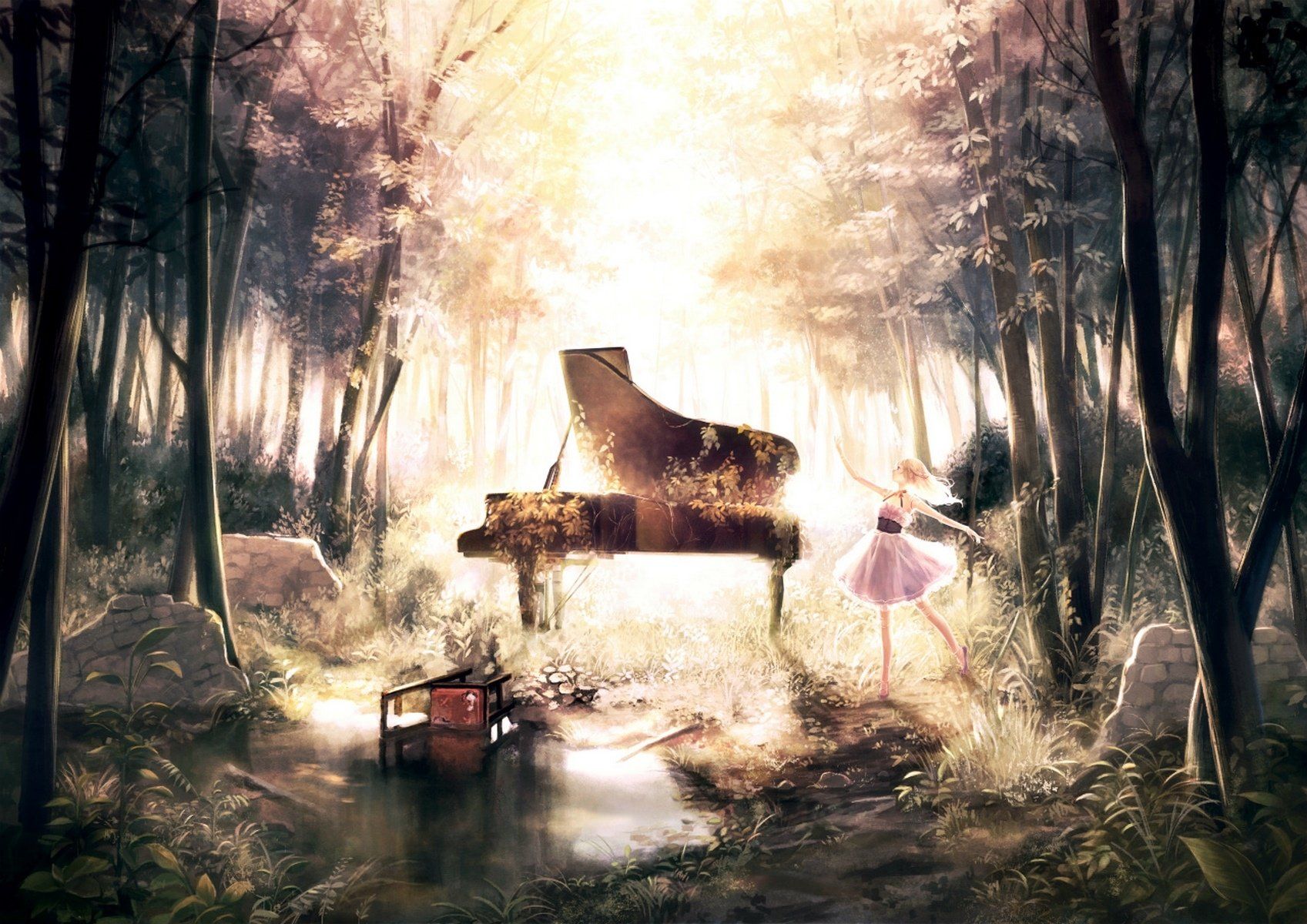 1697x1200 Enchanted Forest Melody: Anime Piano under the Blossoming Trees HD Wallpaperx1200