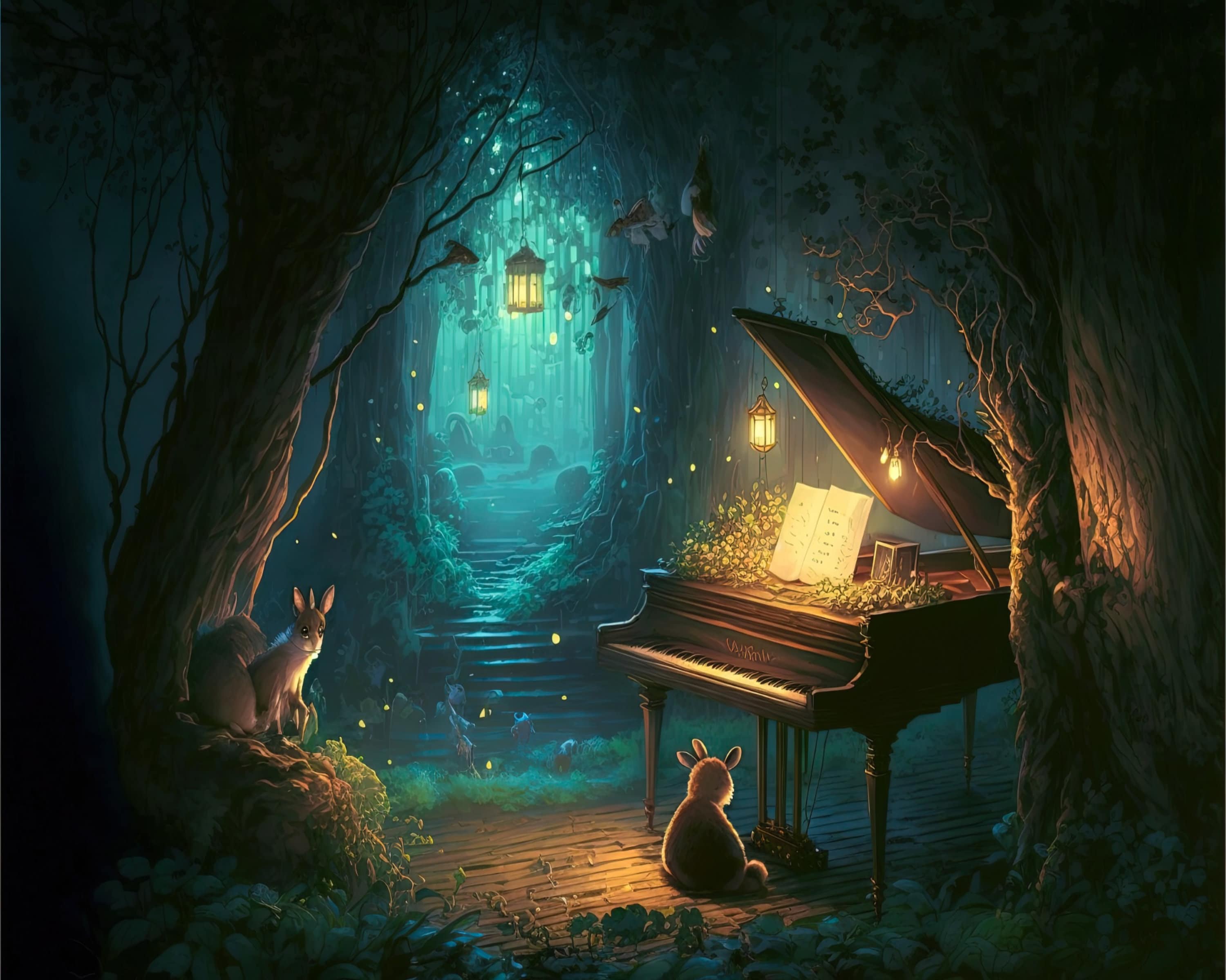 3000x2400 Fantasy Forest Piano Art Print, Animal Wall Decor (8x10)