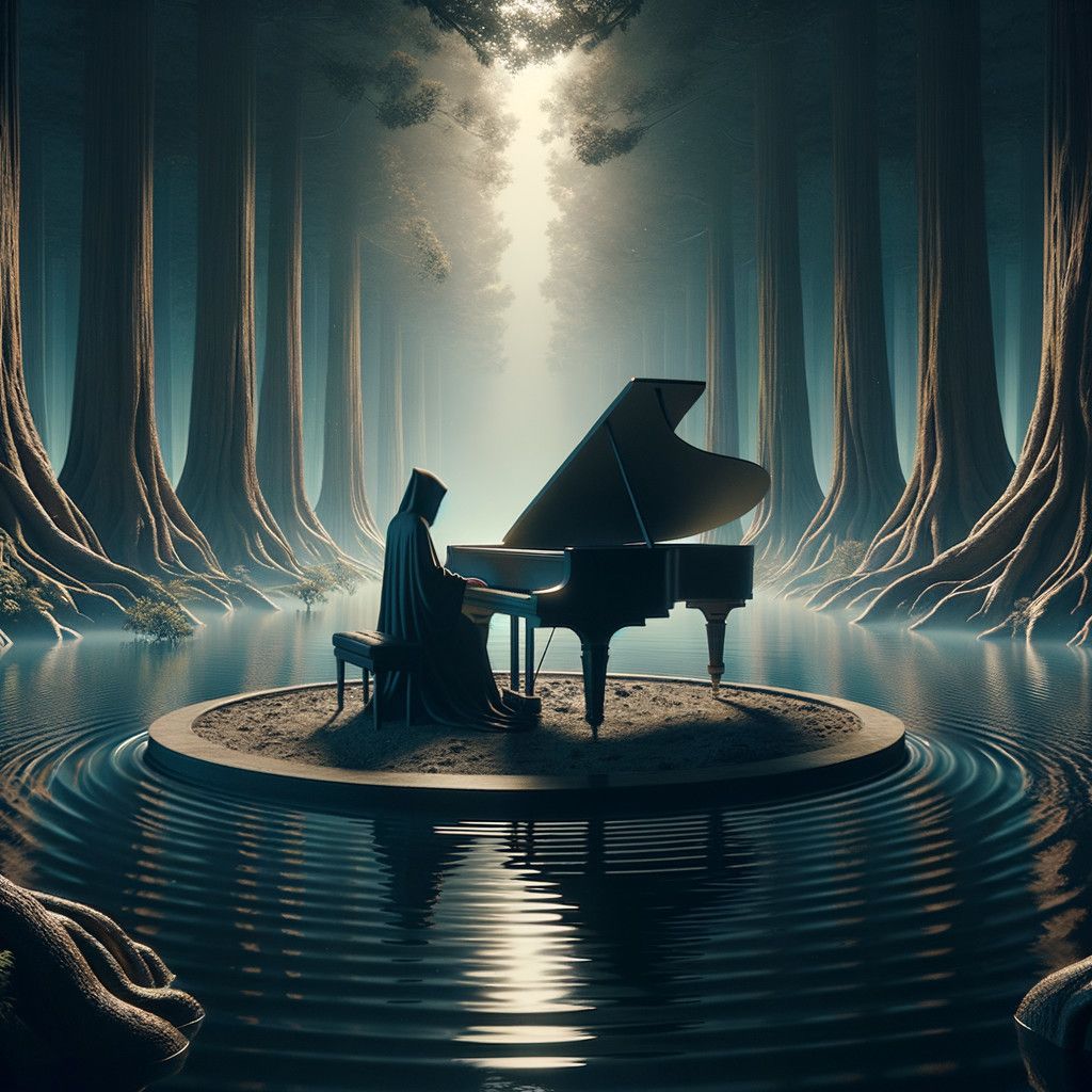 1024x1024 Cloaked Figure Playing Piano in Mystical Forest. Deep Dream Generator