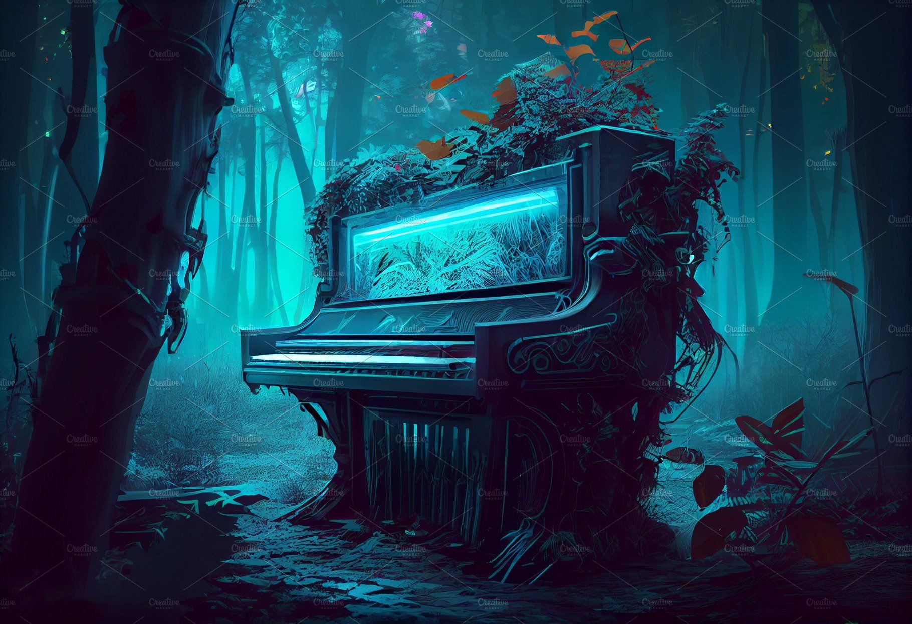 1820x1245 Elysium Piano standing in jungle forest in avatar style with neon lights il