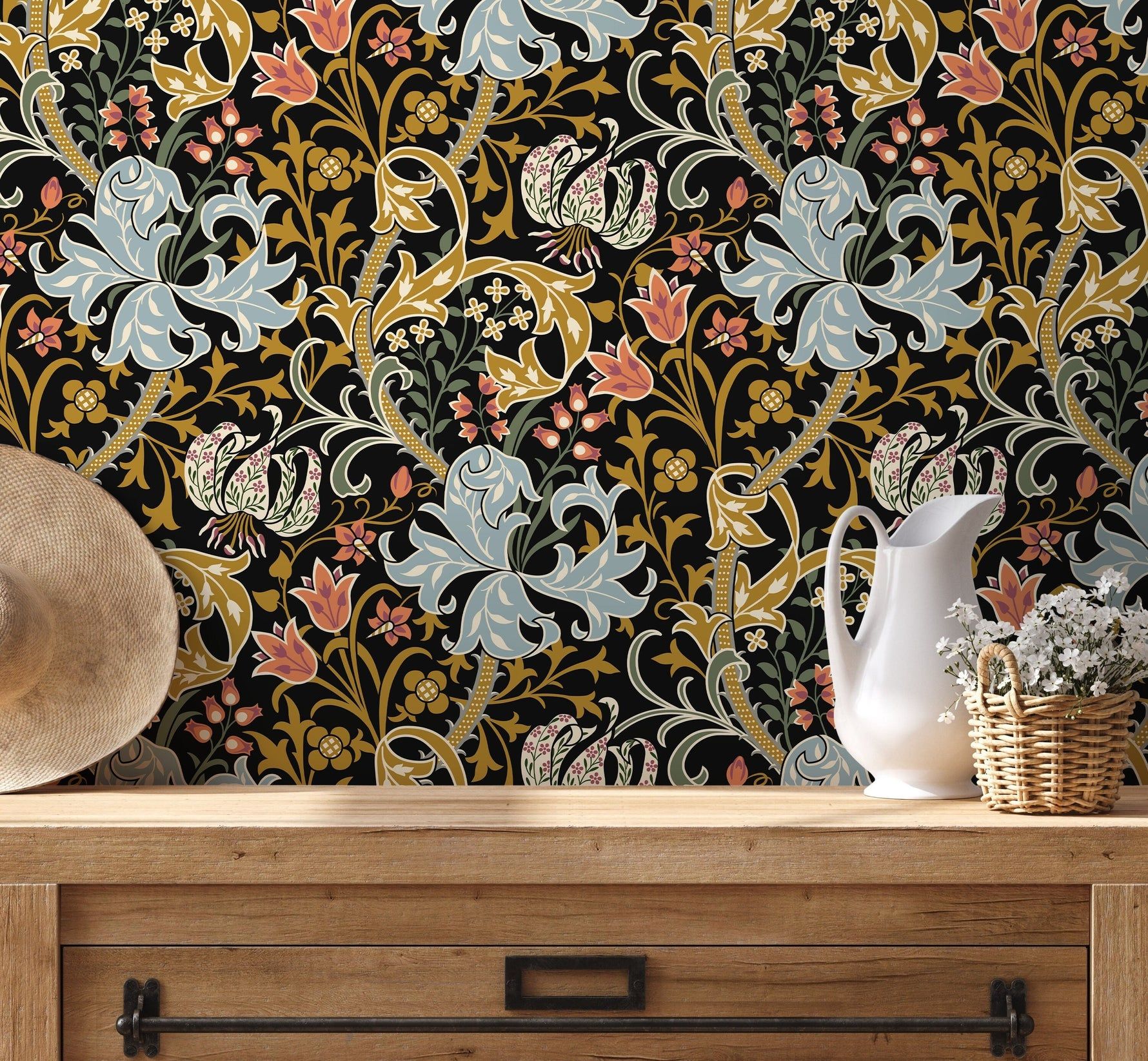 1780x1645 Art Nouveau Wallpaper with A Floral Motif in Black, Blue, and Gold 1 Roll: 24W x 100H / Canvas: Peel and Stick