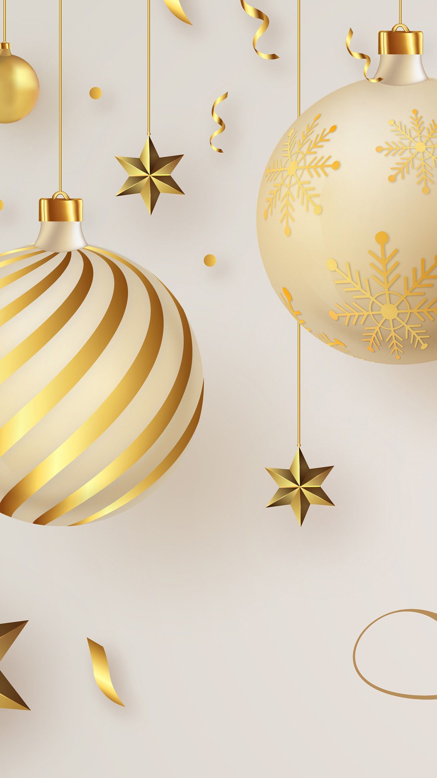 1440x2560 Golden White Decoration Balls Stars White Background 4K 5K HD Christmas Wallpaper