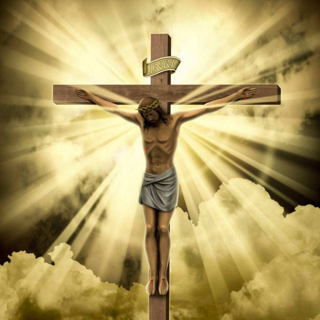1024x1024 Download Jesus On Cross Artwork With Yellow Light Wallpaper