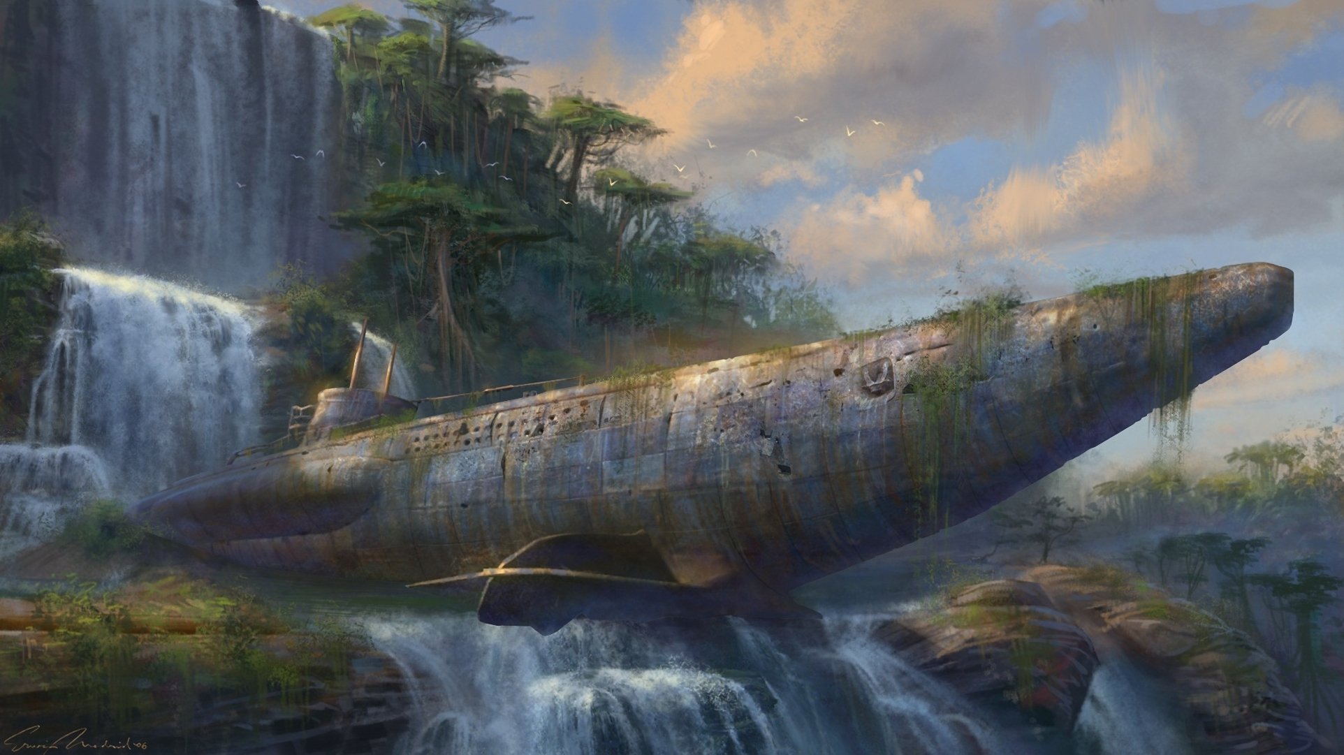 1924x1081 Wallpaper rocks, waterfall, art, abandonment, submarine, Drake's Fortune, Uncharted for mobile and desktop, section фантастика, resolution 1924x1081