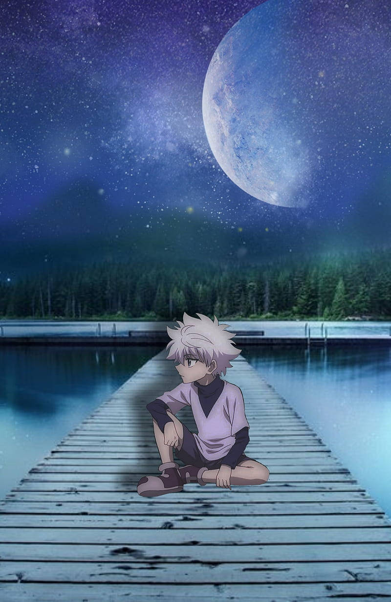 800x1231 Download Cute Killua Sitting On A Bridge At Night Wallpaper