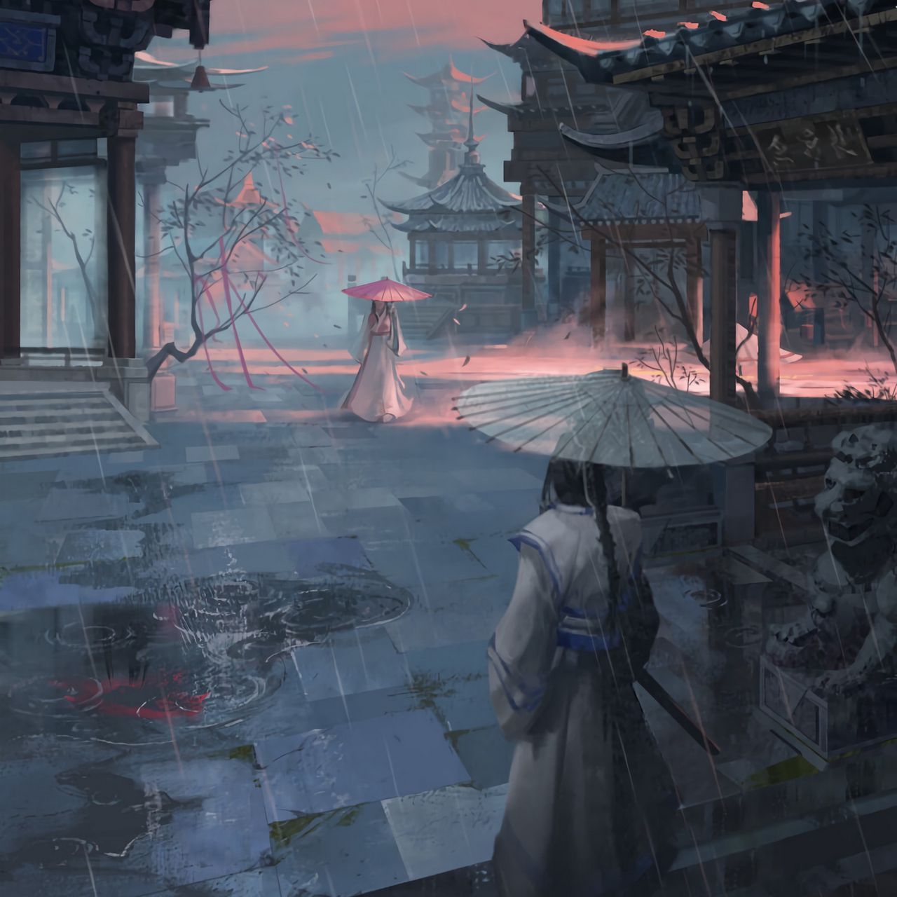 1280x1280 Download wallpaper 1280x1280 girls, pagodas, rain, umbrellas, japan, art ipad, ipad ipad mini for parallax HD background