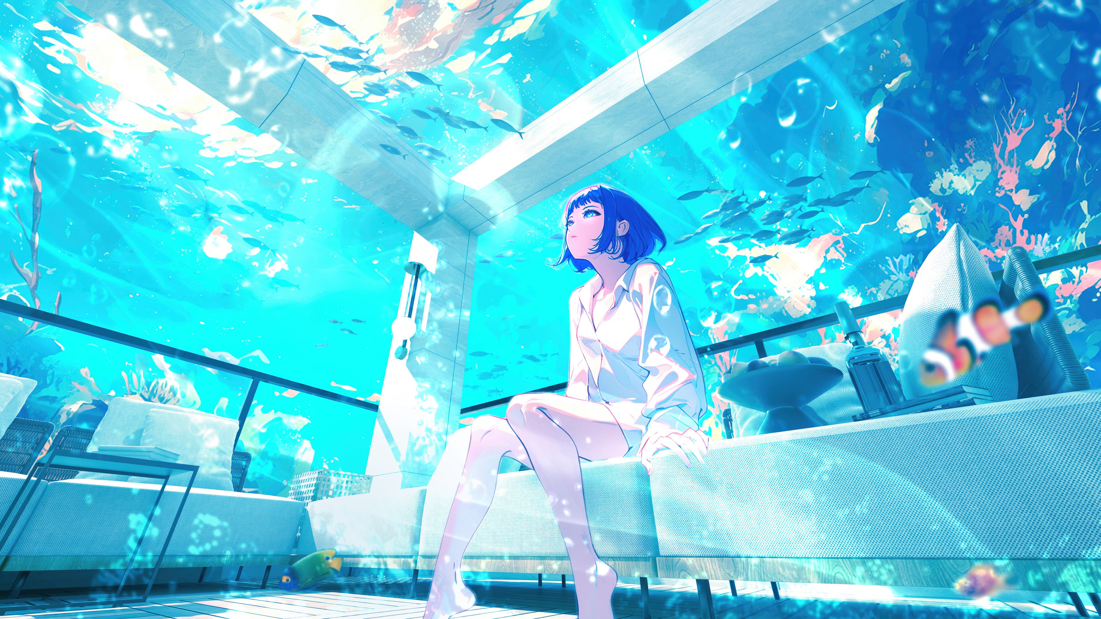 3840x2160 Anime Girl Underwater Room Wallpaper 4K 8K HD PC b