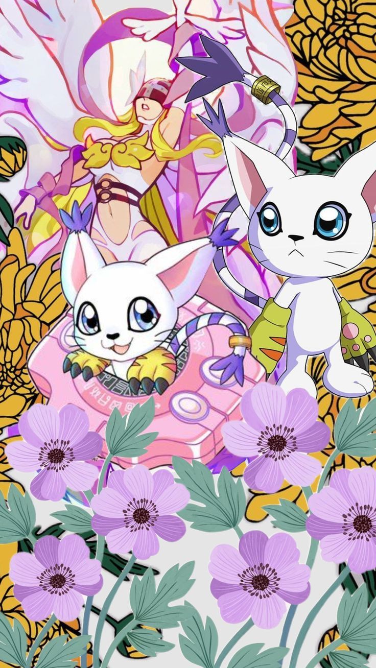 736x1308 digimon #floral #flowers #wallpaper #gatomon #anime #colorful #animelover
