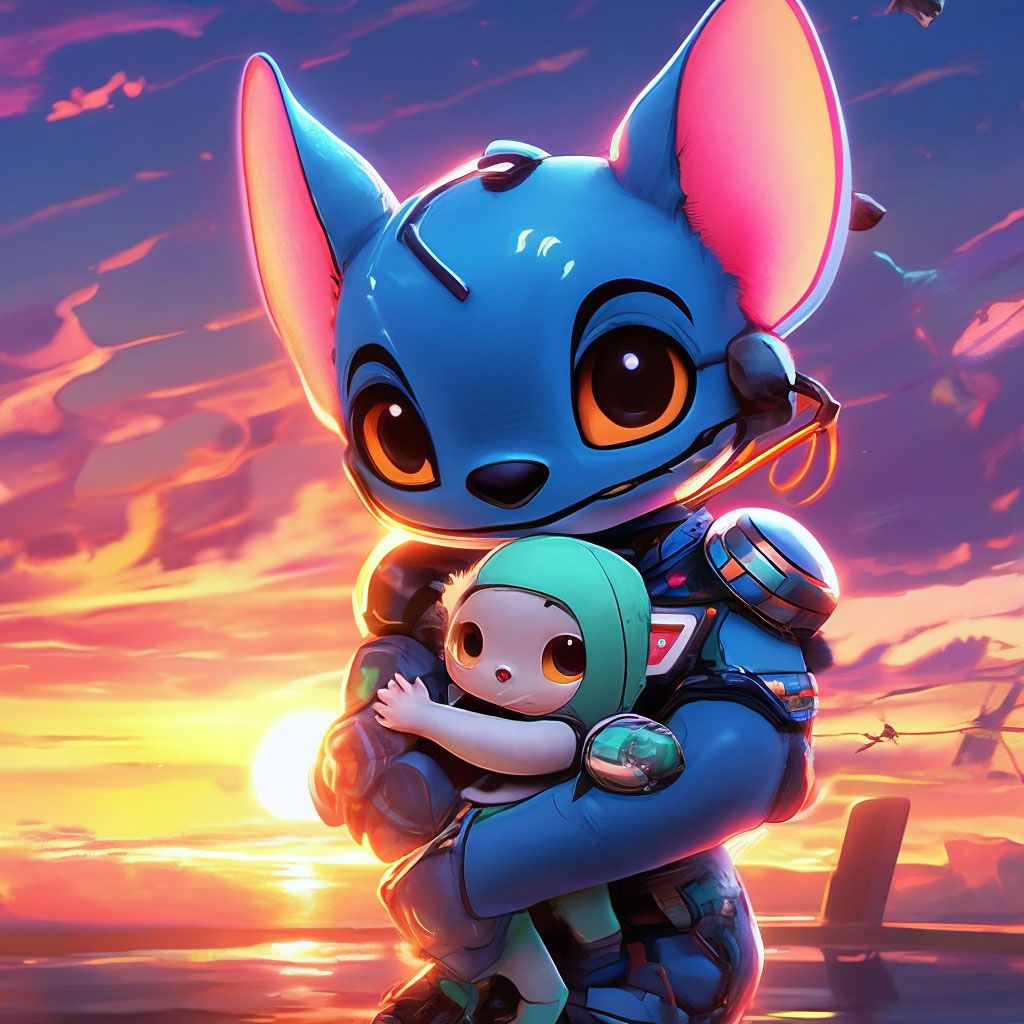 1024x1024 Stitch hugs Hello Kitty against the sunset background