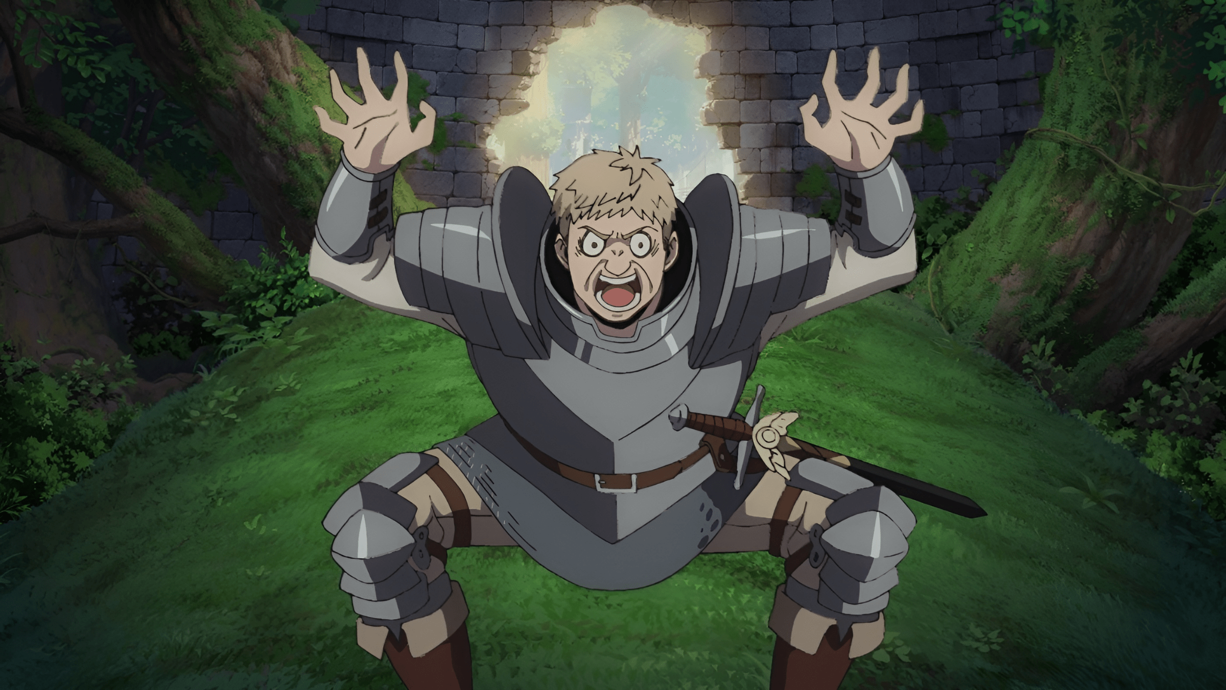2400x1351 Delicious in Dungeon HD Wallpaper: Laios Touden's Fierce Anime Momentx1351