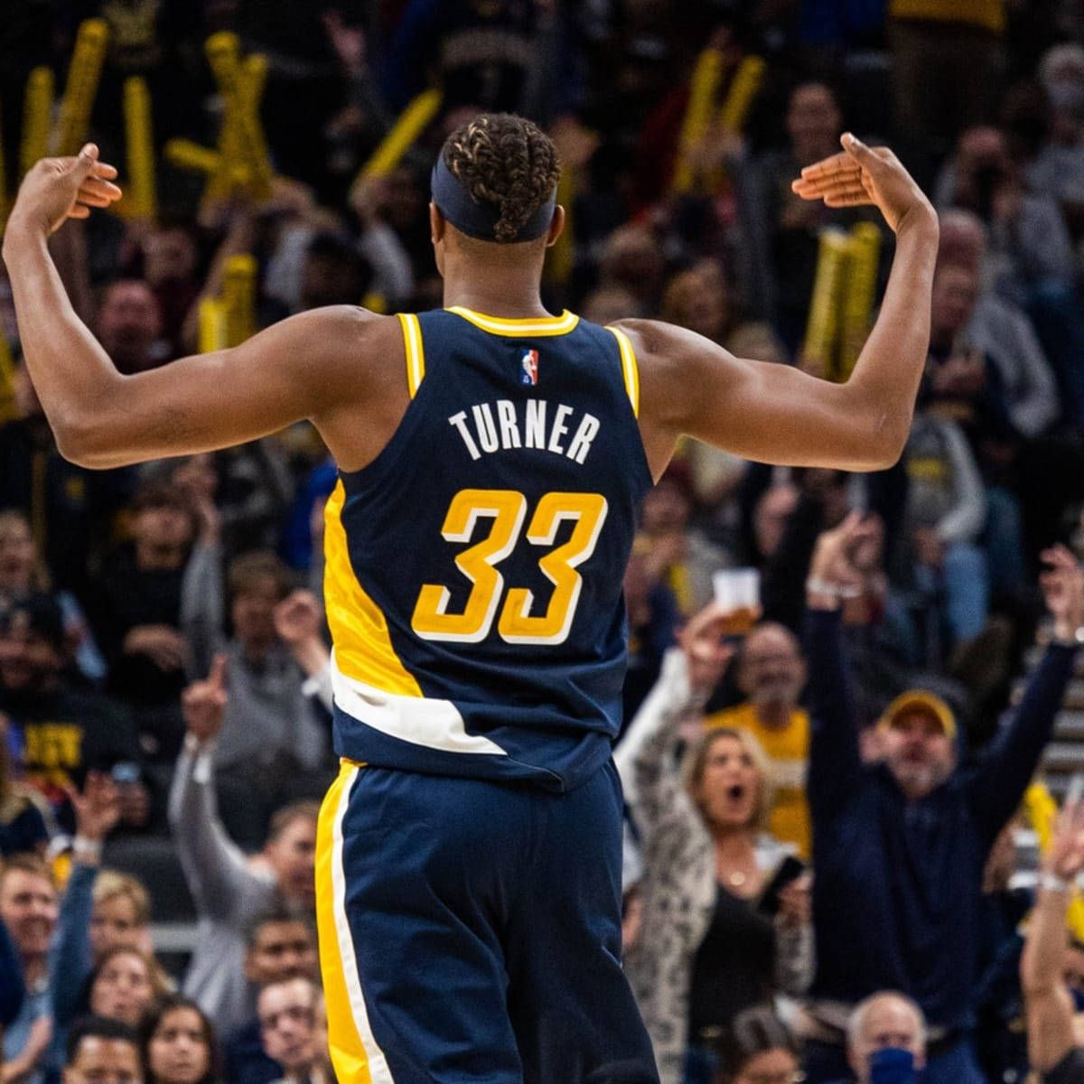 1200x1200 Download Myles Turner Hyping With Pacers Fans Wallpaper