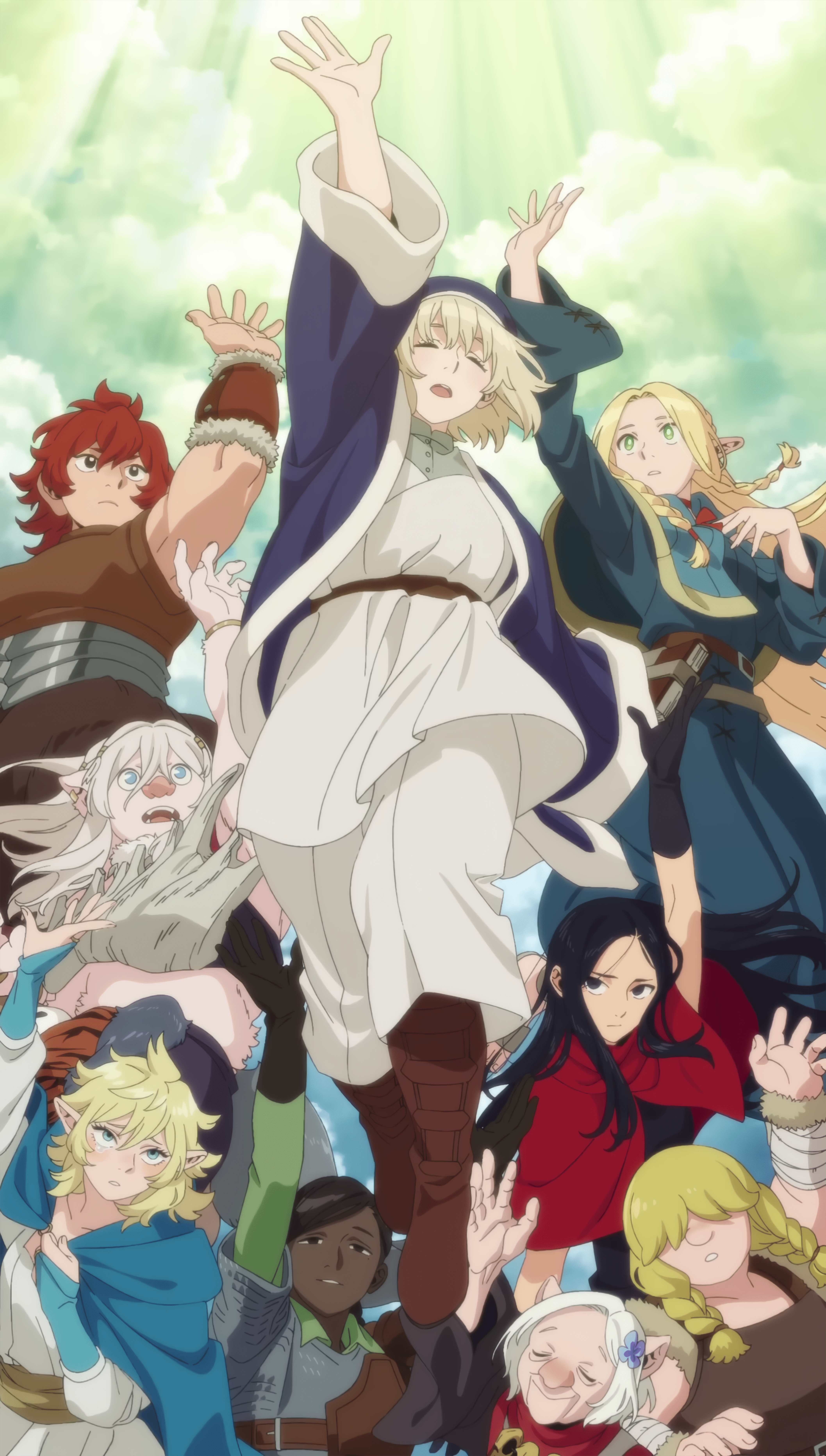 4230x7452 Falin, Laios and Others Reaching Out Art from Anime Opening Combined. Since I can't find a combined one anywhere, so I combine one myself for wallpaper