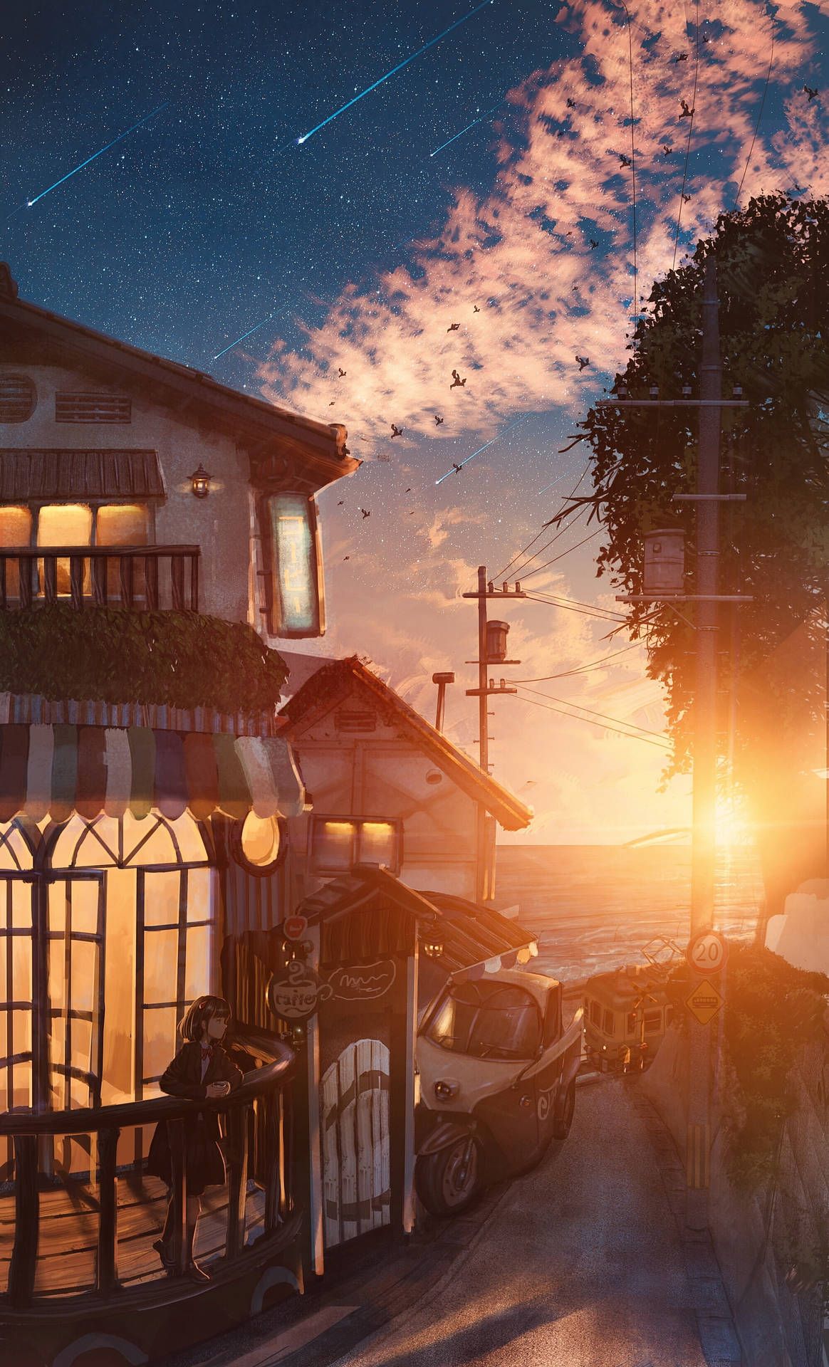 1164x1920 Download Golden Hour Over Cafe Aesthetic Anime Scenery Wallpaper