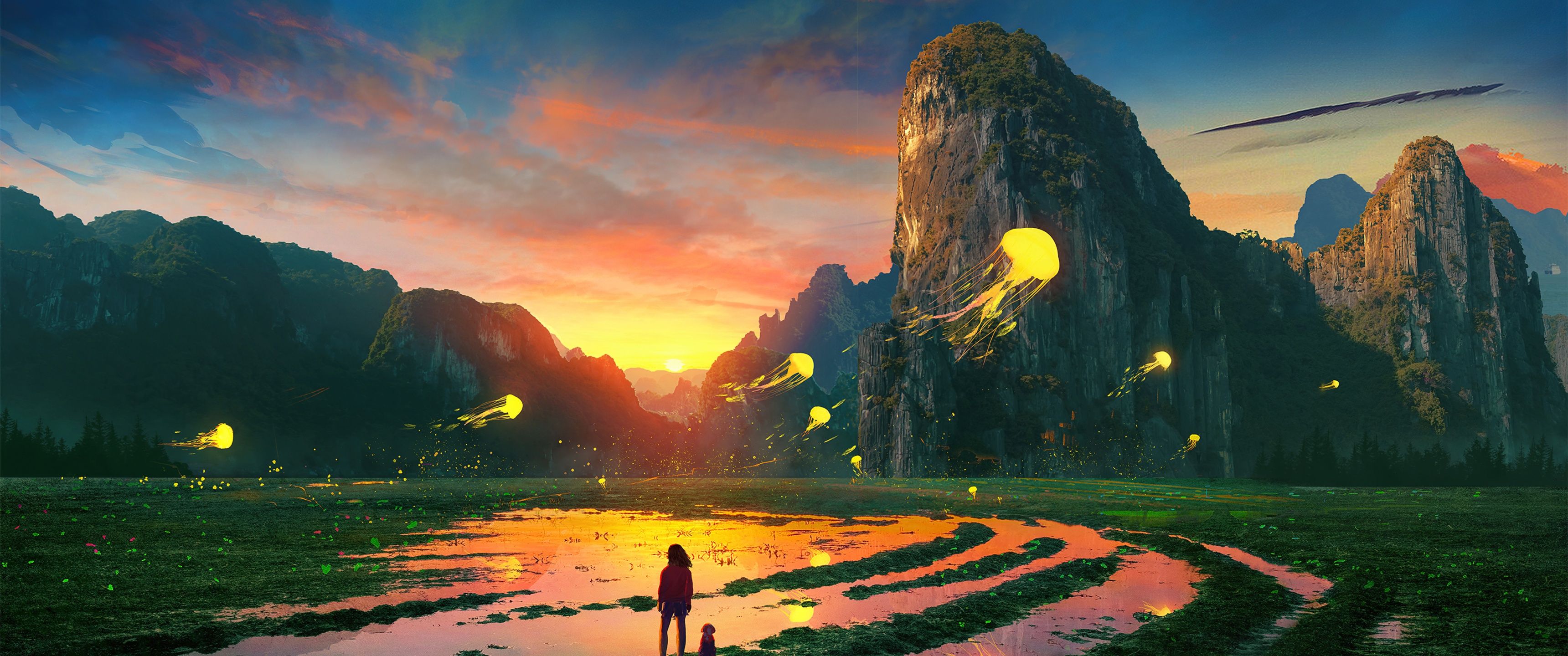 3440x1440 Golden hour Wallpaper 4K, Dream girl, Surreal, Sunset