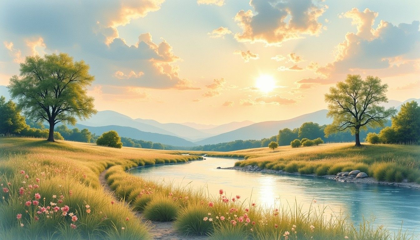1344x768 Free Golden hour landscape Image, Hills, River