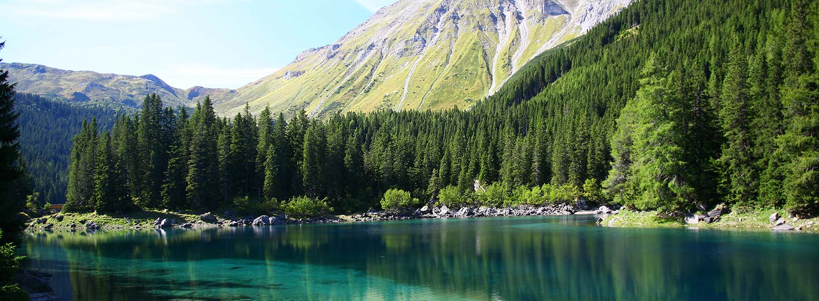 1600x589 Serene Alpine Lake and Forest Landscape Mural Wallpaper in Vibrant Greens and Blues