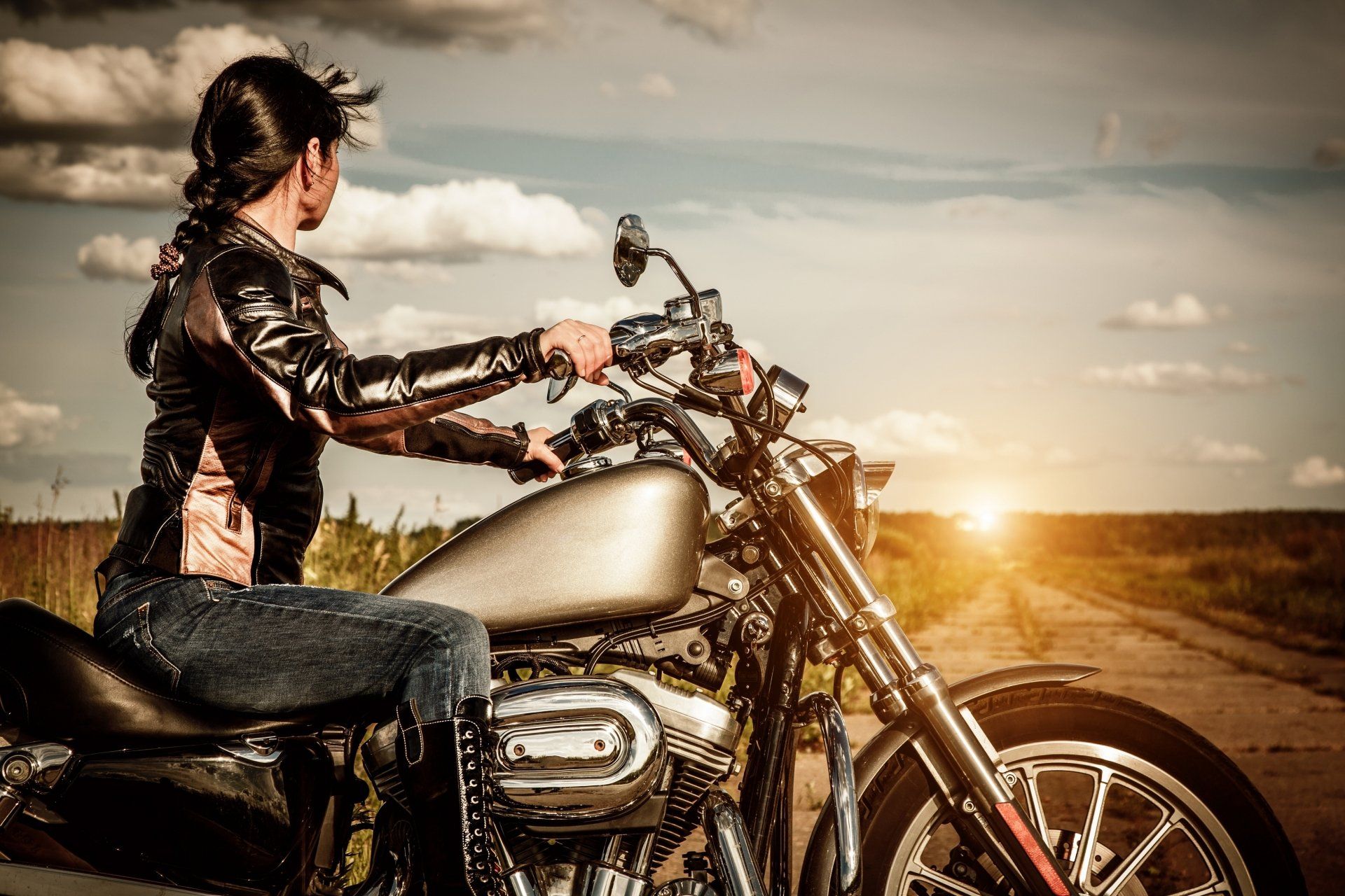 1920x1280 Sunset Rider: Woman on Classic Motorcycle