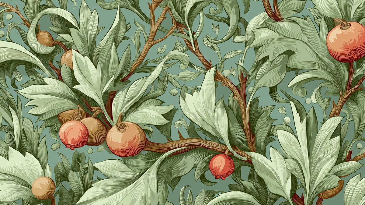 1200x673 Orchard Fruit & Leaf Mural Wallpaper. Art Nouveau Botanical Art