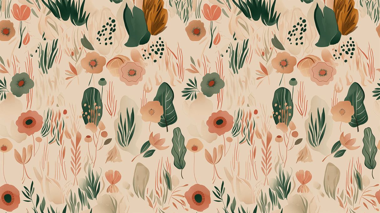 1214x681 Floral Mural Wallpaper. Botanical Art in Terracotta and Green