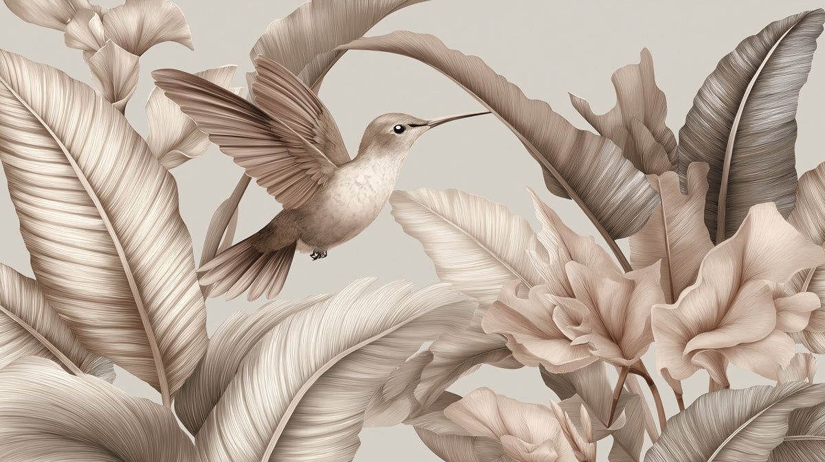 1200x673 Soft Sepia Hummingbird Mural Wallpaper. Realistic Botanical Art