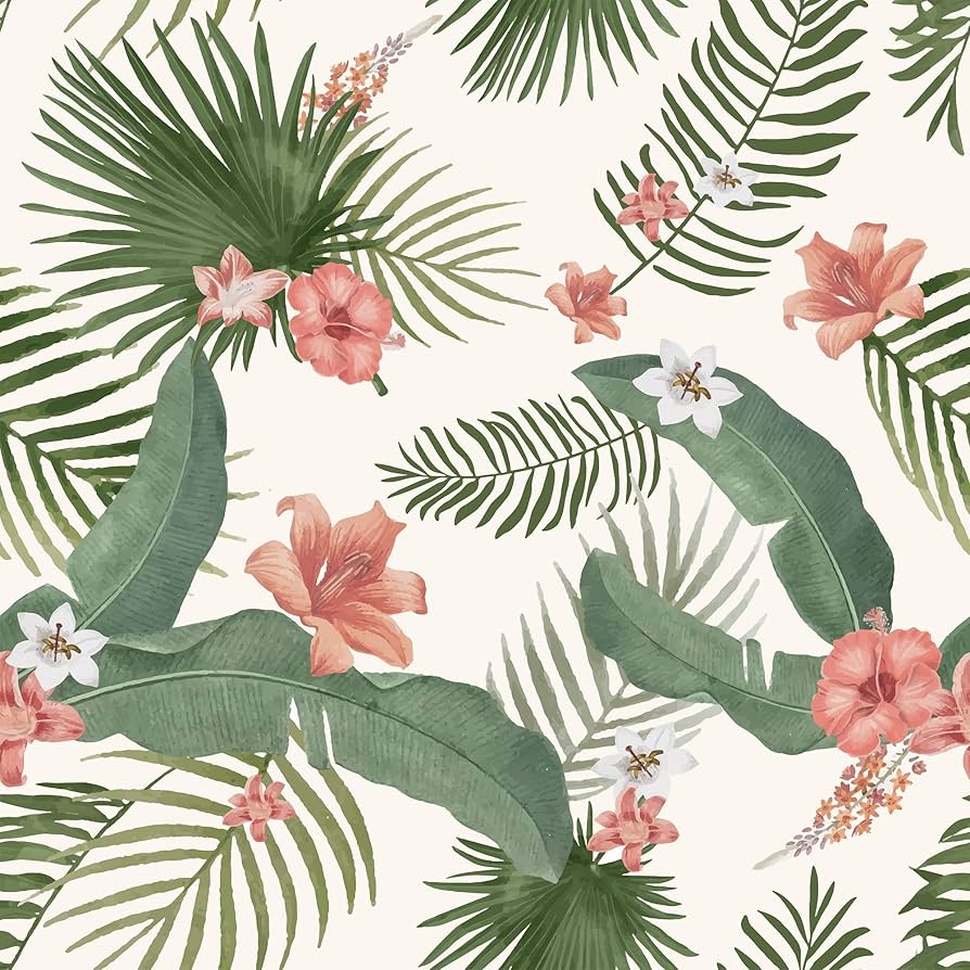 894x894 WESTICK Vintage Green Floral Wallpaper Self Adehesive Tropical Wallpaper Palm Tree Peel and Stick Botanical Vinyl Wallpaper Banana Leaf Pink Floral Contact Paper for Walls Cabinets 17.5 x 118