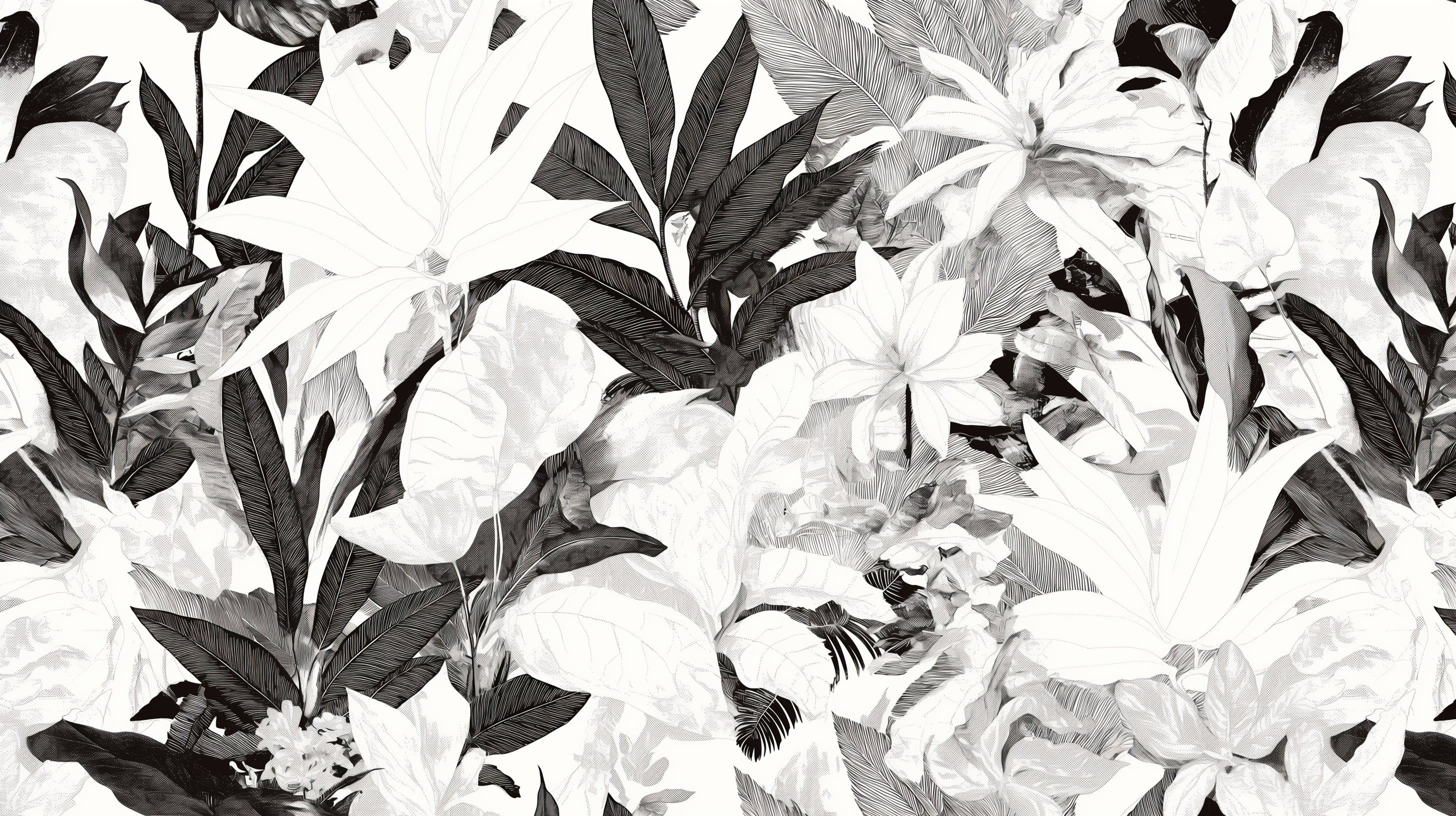 2912x1632 Tropical Foliage Mural Wallpaper. Black and White Botanical Art