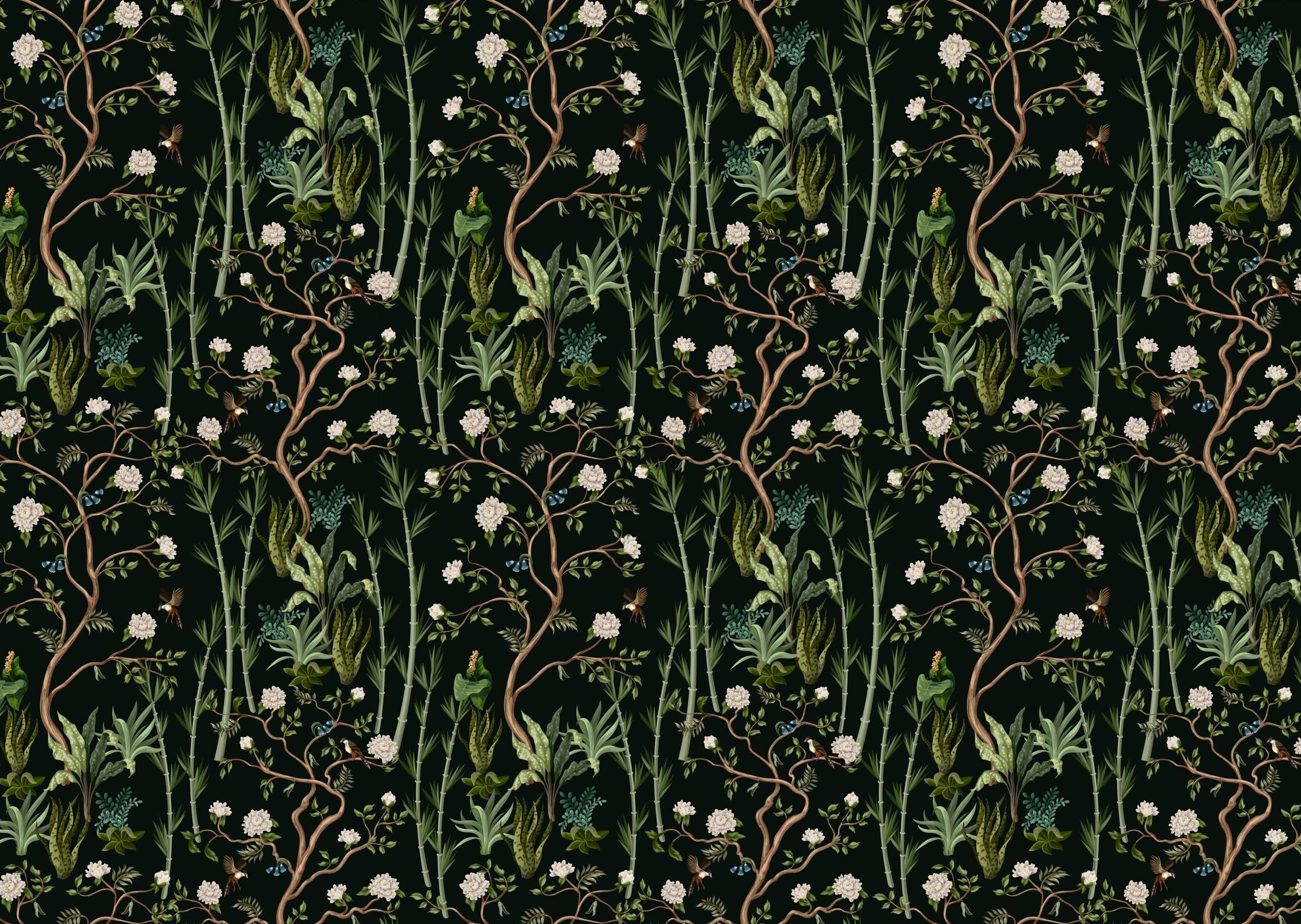 2240x1592 Botanical Floral Wallpaper Black Green, Removable Peel and Stick Prepasted, Dark Fairytale Decor, Cottagecore Wallpaper for Cozy Bedroom