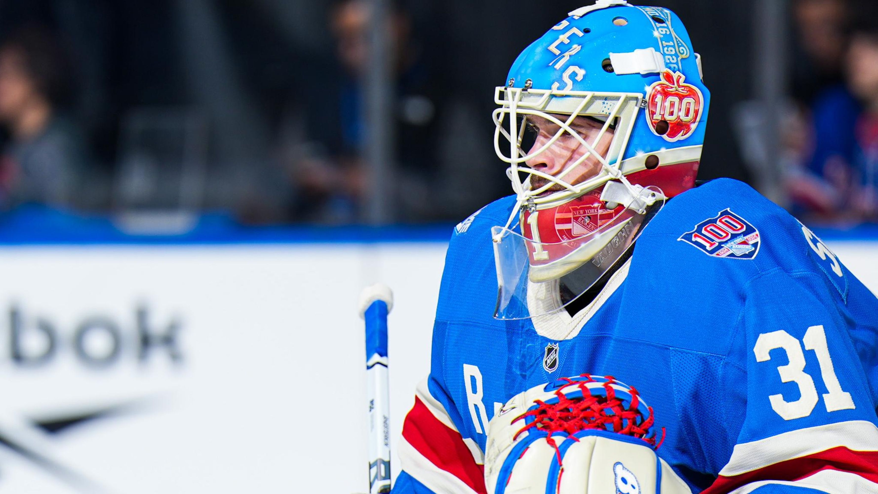 3556x2000 Igor Shesterkin's Mask, Goalie Gear for Rangers' Centennial Season Revealed in Photo