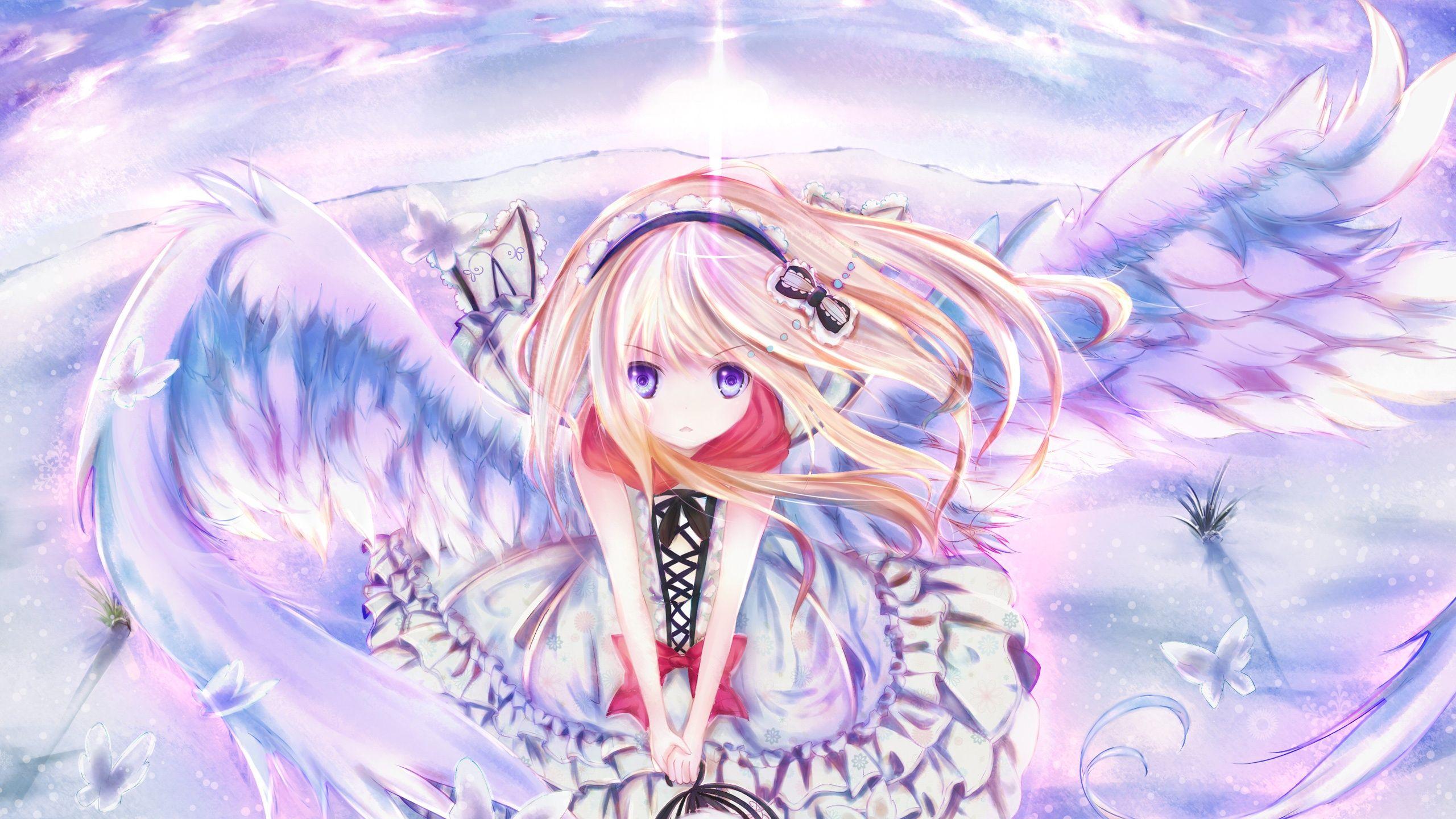 2560x1440 Wallpaper Anime girl wings, sky, flying, butterfly hairpin